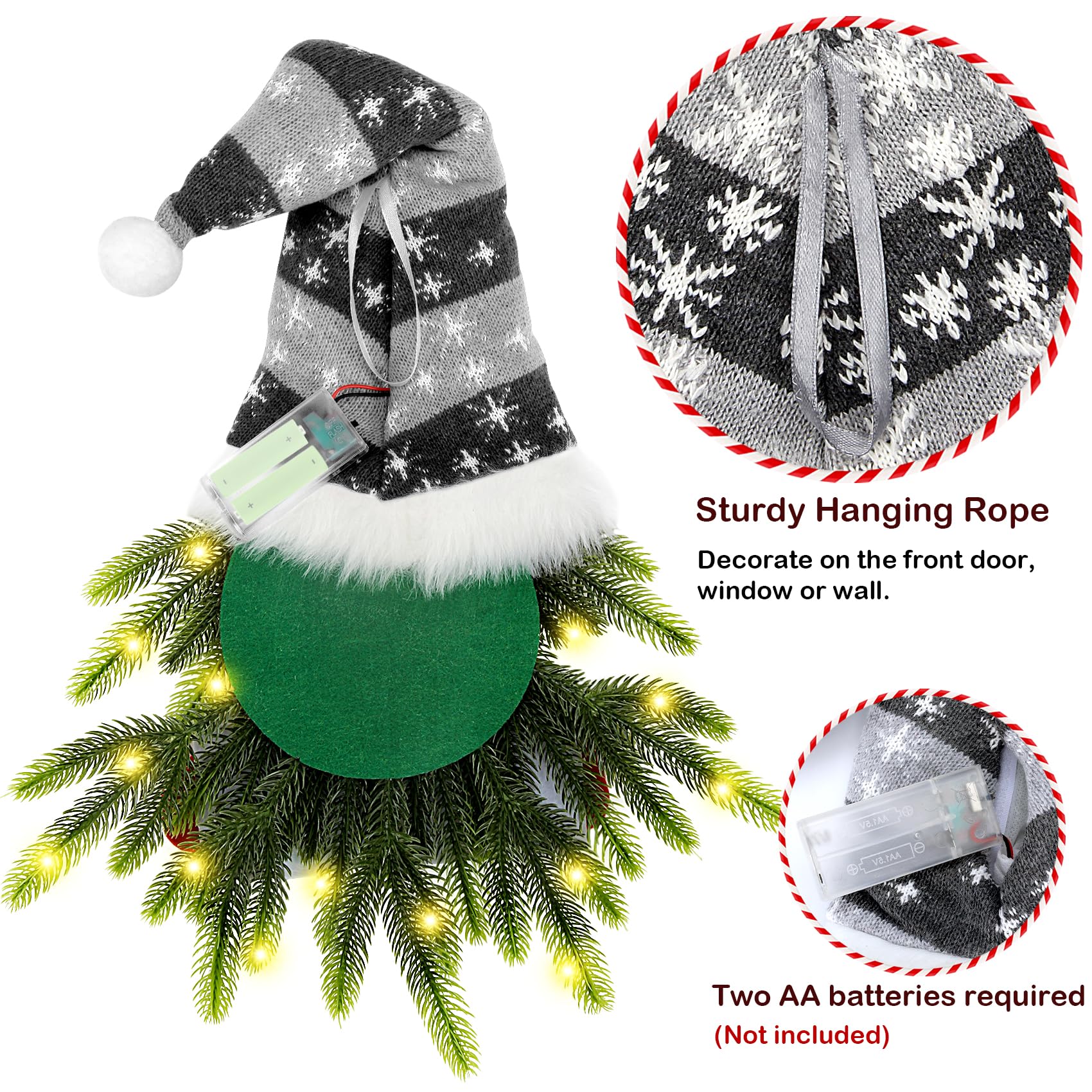 Lighted Gnome Christmas Wreath for Front Door - Artificial Santa Xmas Hanging Sign for Window Wall Decorations - Farmhouse Home