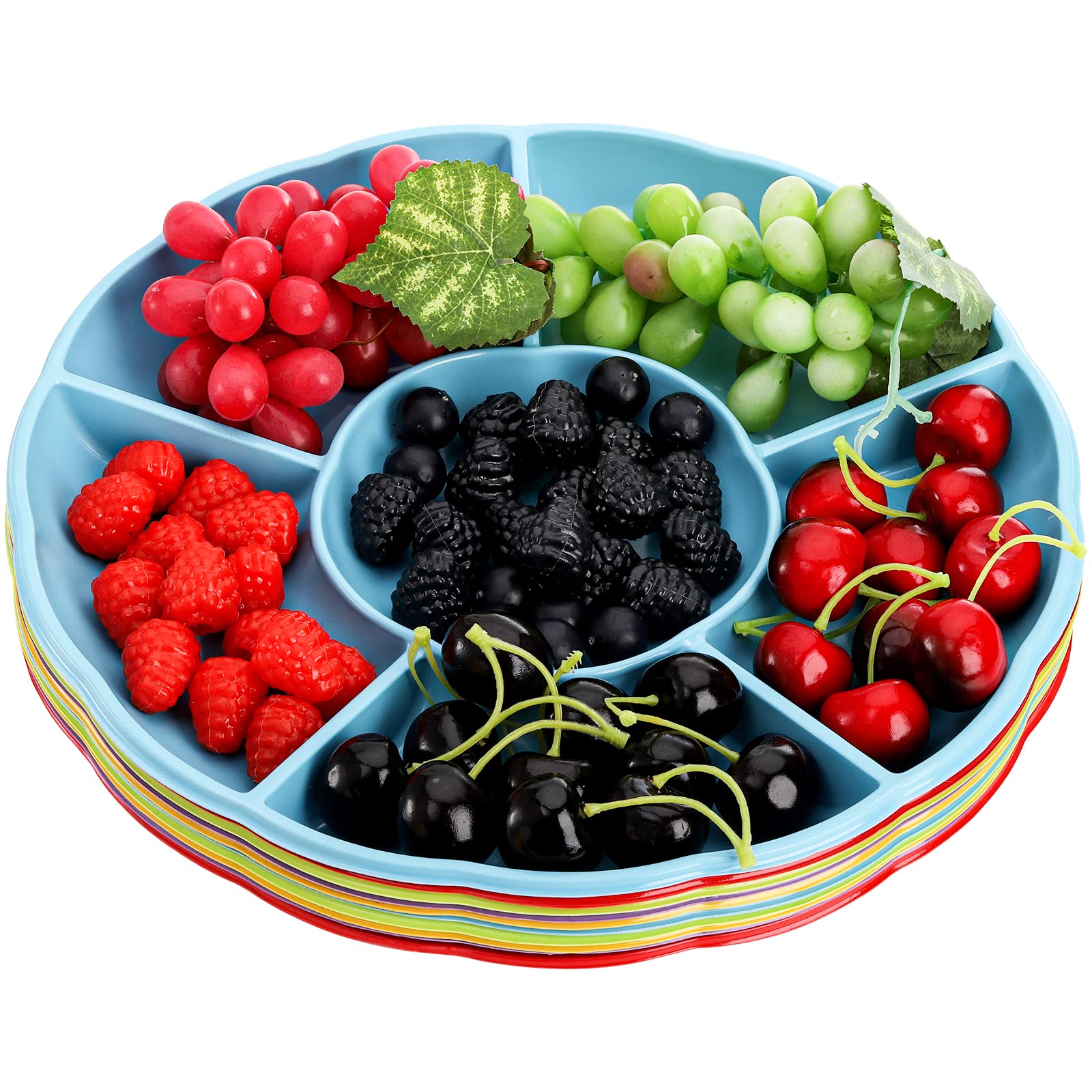 Frcctre 20 Pack 6 Sectional Round Plastic Appetizer Serving Platter, 12 Inch Disposable Divided Snack Serving Platter Food Tray
