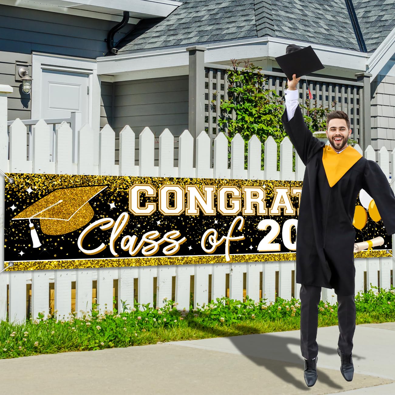 Large Congrats Grad Banner Gold Class Of 2024 Banner Backdrop Graduation 2024 Yard Sign For Graduation Party Supplies Graduation