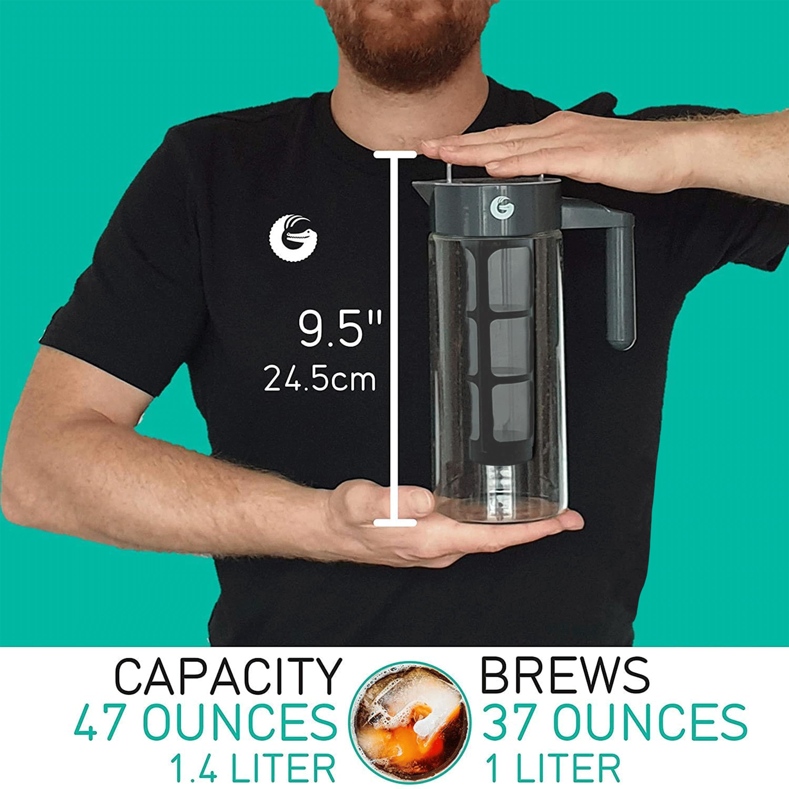 Coffee Gator Cold Brew Coffee Maker - 47 Oz Iced Tea And Cold Brew Maker And Pitcher W/Glass Carafe, Filter, Funnel & Measuring