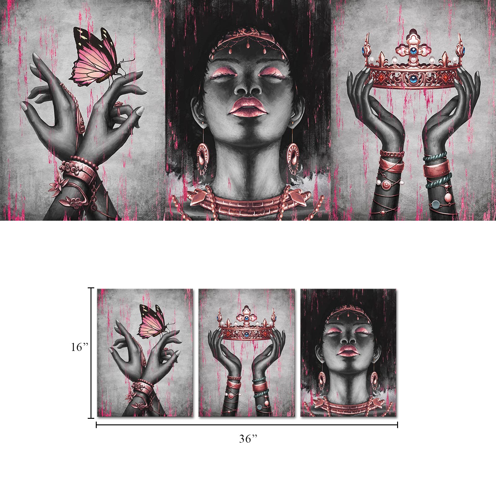 Visual Art Decor African American Canvas Wall Art Pink and Black Woman Portrait Fashion Rose Gold Black Girl Pink Bedroom Decor Framed Artwork for Home Living Room Decor (12inx16inx3Pieces)