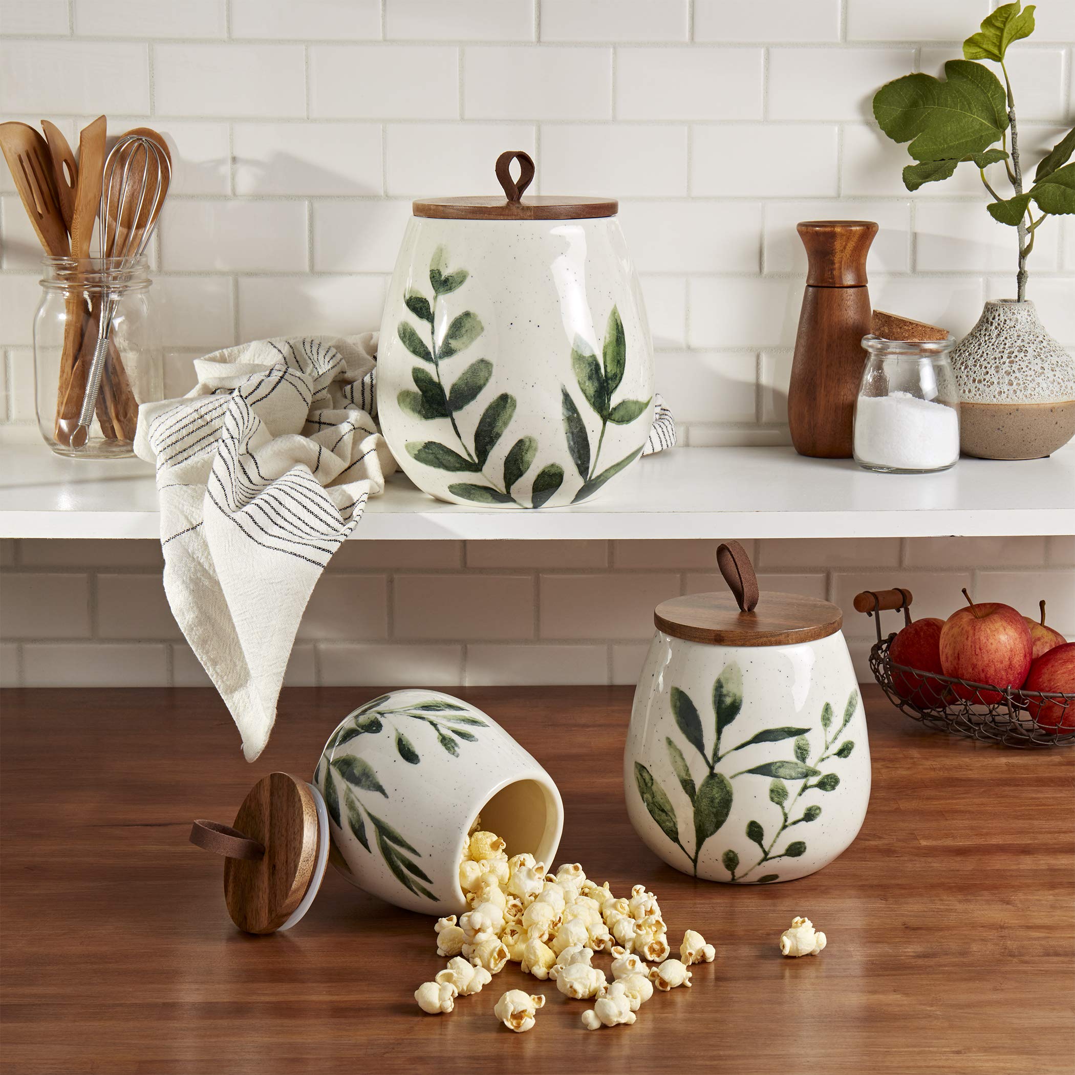 Ttu Tabletops Gallery Ceramic Canister Collection- Stoneware Designed Kitchen Storage Acacia Wood White Set, 3 Piece Green Leaf