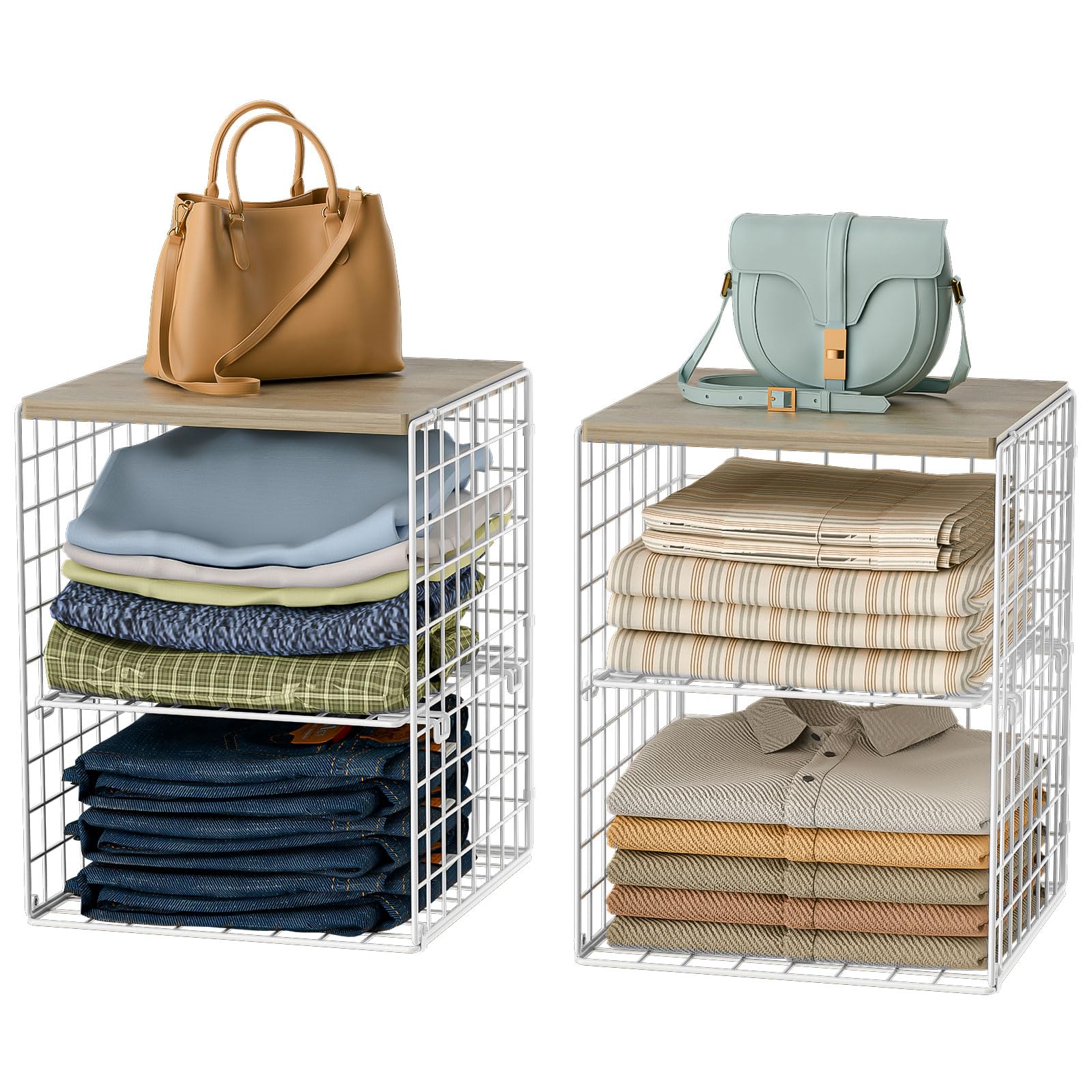 4Tier Stackable Closet Organizers And Storage, Adjustable Dividers & Wood Top Storage Shelves For Clothes, Wardrobe & Closet St