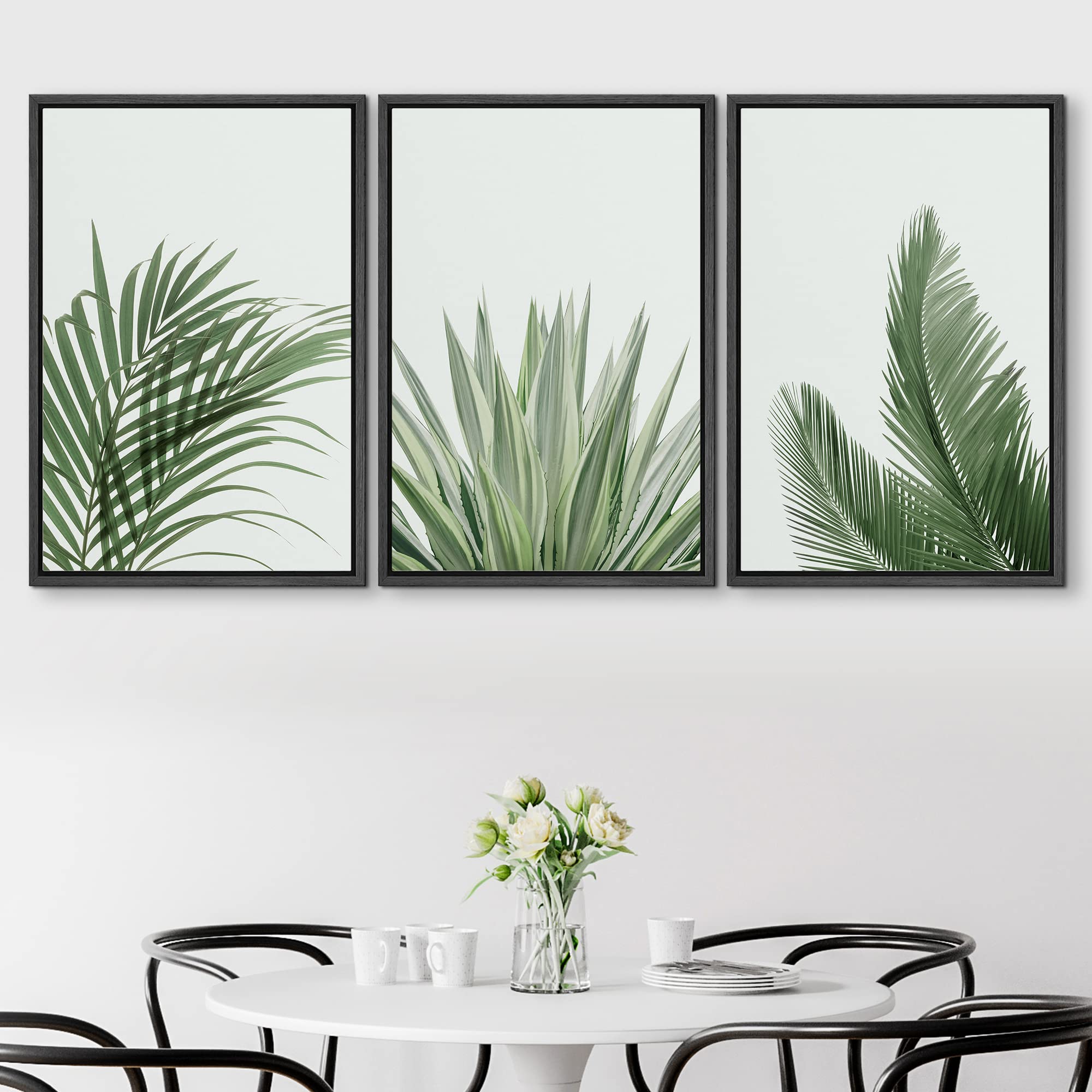 Signford Framed Canvas Print Wall Art Set Rustic Green Retro Tropical Jungle Plants Nature Wilderness Photography Modern Minimal