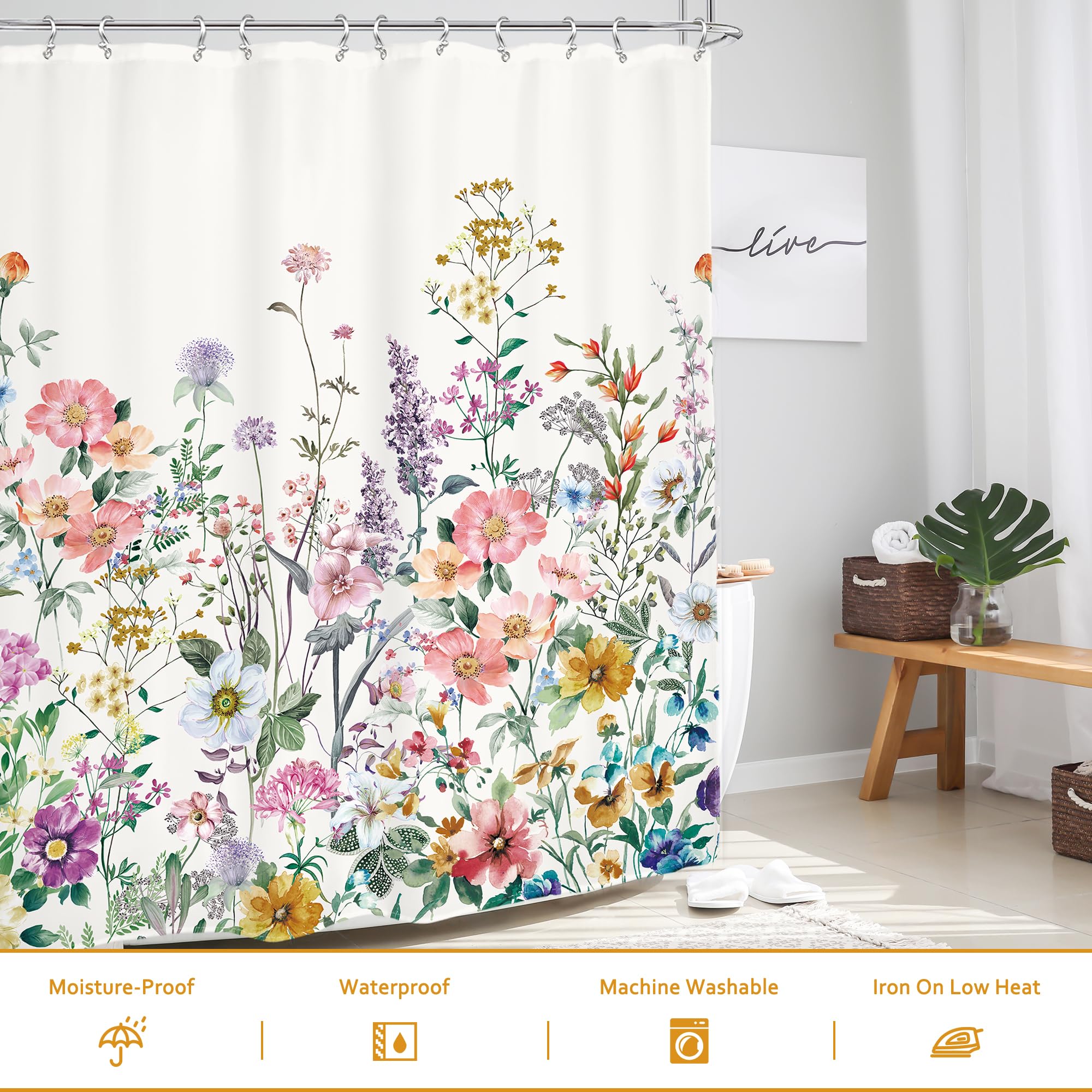Glawry Spring Cool Wildflowers Shower Curtain 60Wx72L Inches Watercolor Lavender Purple Lilac Floral Green Leaf Botanical Bathro