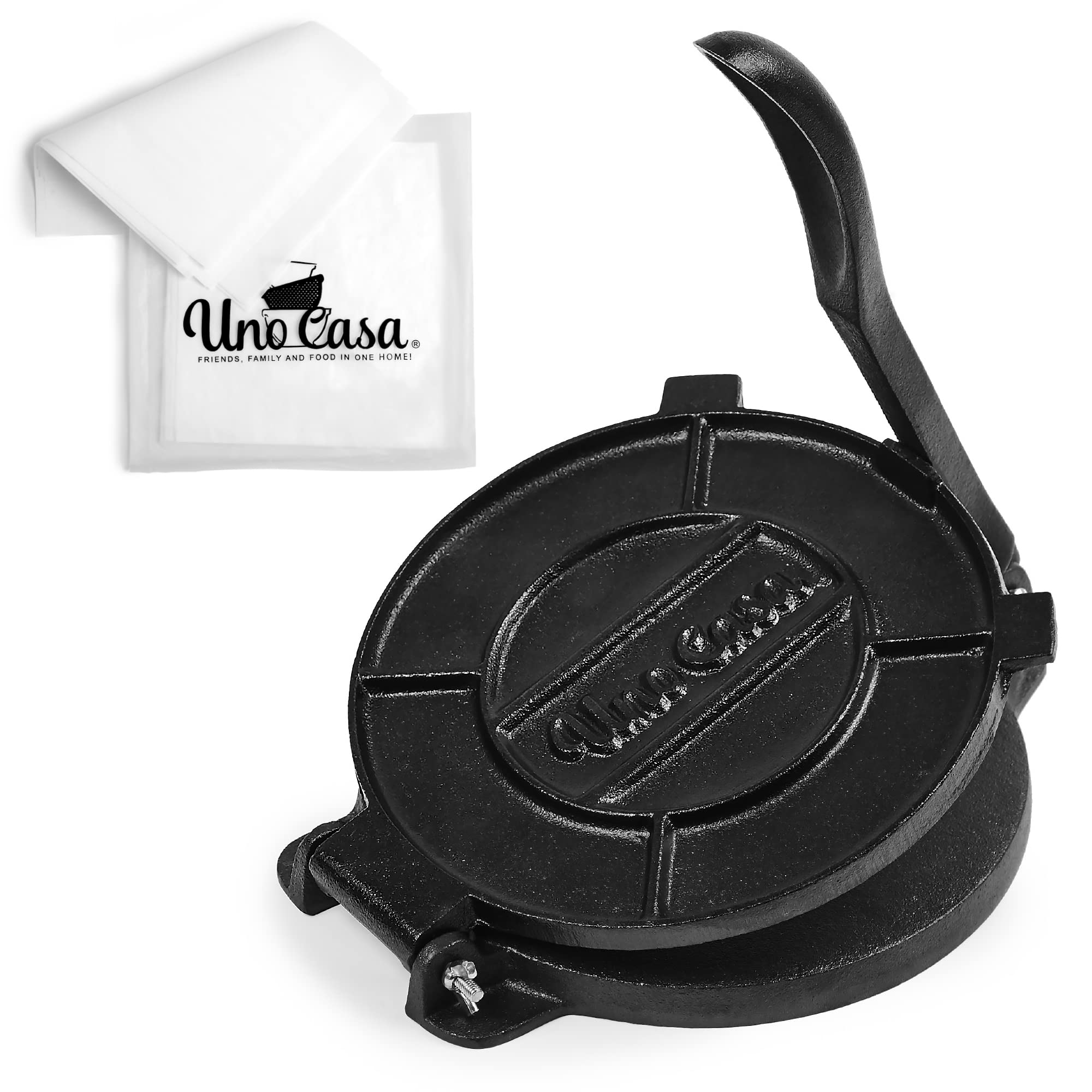 Uno Casa Cast Iron Tortilla Press 8 Inch - Tortilla Maker Press, Pre-Seasoned Roti Maker With 100 Pcs Parchment Paper, Heavy Dut