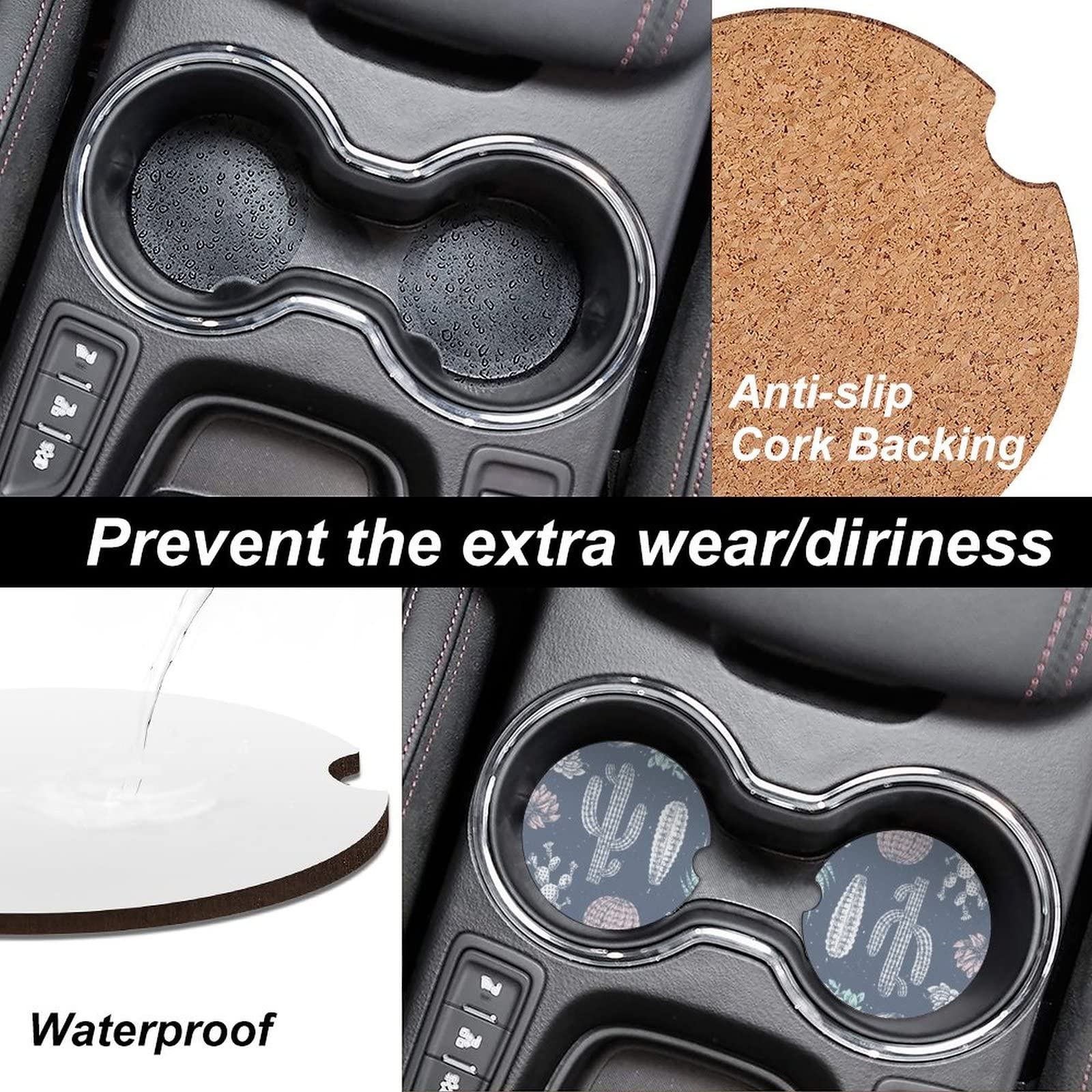 Absorbent Car Cupholder Coaster 2 Pack, Ceramic Stone Coaster With A Finger Notch For Women  Lady, Cork Base Drink Coasters 256