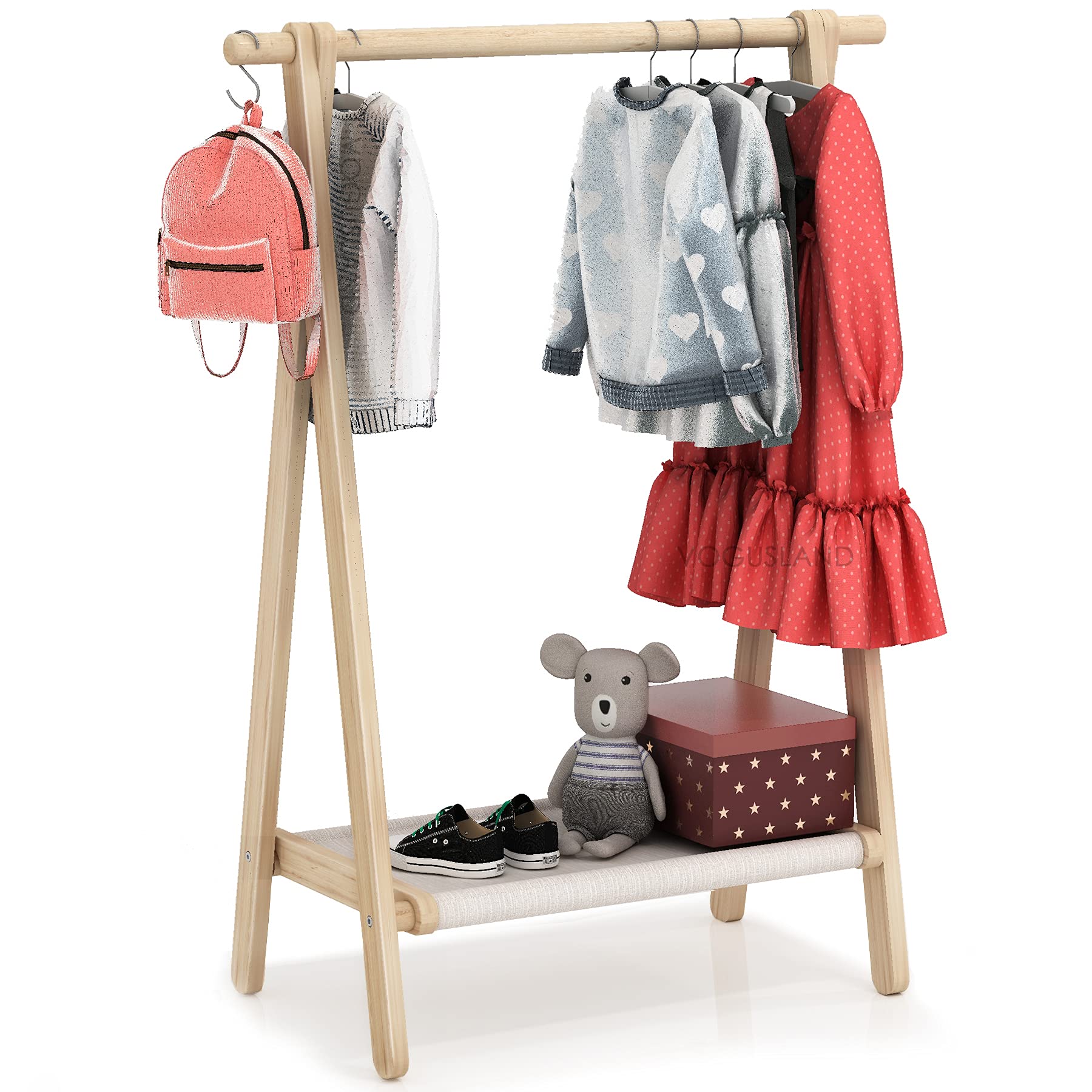 Vogusland Dress Up Rack, Child Garment Rack, Kids Clothing Rack With Storage Shelf (Natural Beech, 29.5'' L X 14.5'' W X 40'' H)