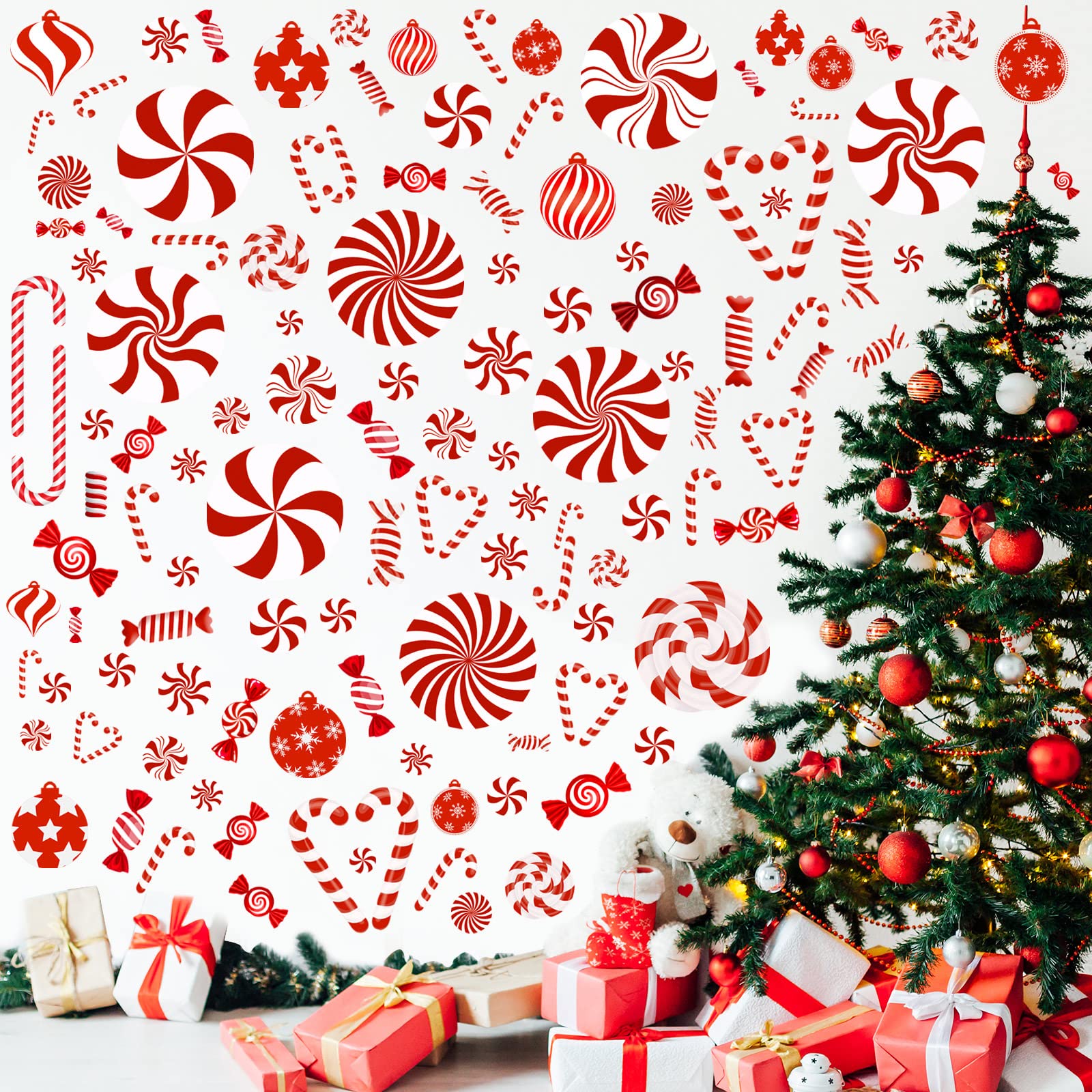 Eersida 109 Pcs Christmas Candy Cane Stickers Christmas Peppermint wall Decals for Christmas Tree Party Decorations, Xmas Store 