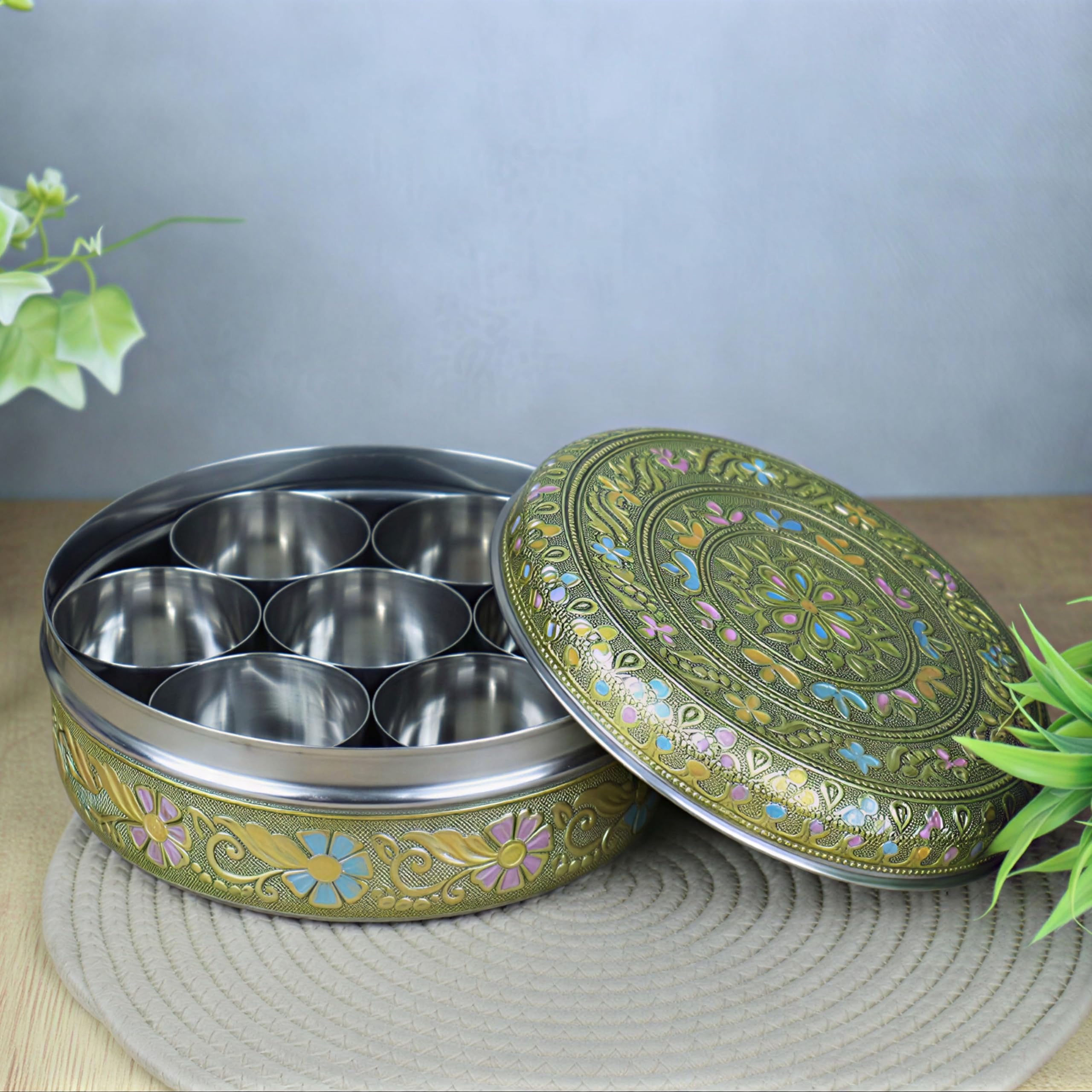 Navrang Stainless Steel Masala Dani/Spice Box | 7 In 1 Meenakari Masala Dabba Organiser With 7 Containers & Spoon | Kitchen Masa