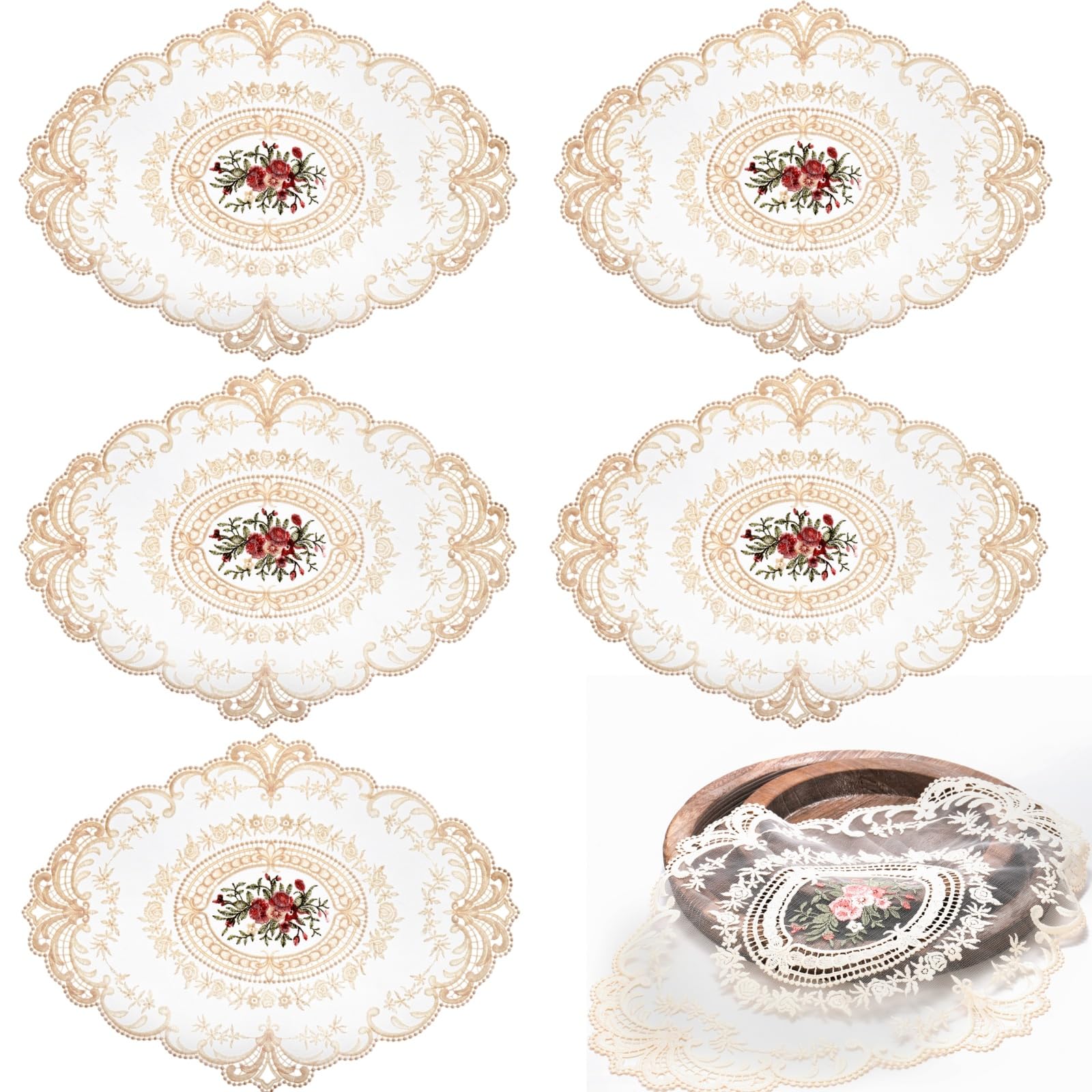 Mezchi 6 Pack Retro French Style Lace Placemats, Embroidered Crochet Lace Placemats, Victorian Decor Cup Mat For Coquette Room D