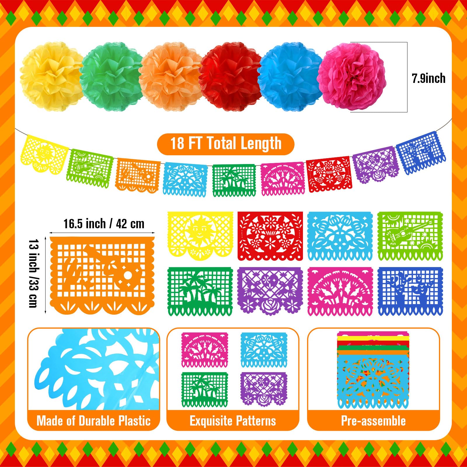 Outus 24 Pcs Mexican Fiesta Party Decorations Cinco De Mayo Decor Halloween Hanging Paper Fans Day of The Dead Banners Taco Tiss