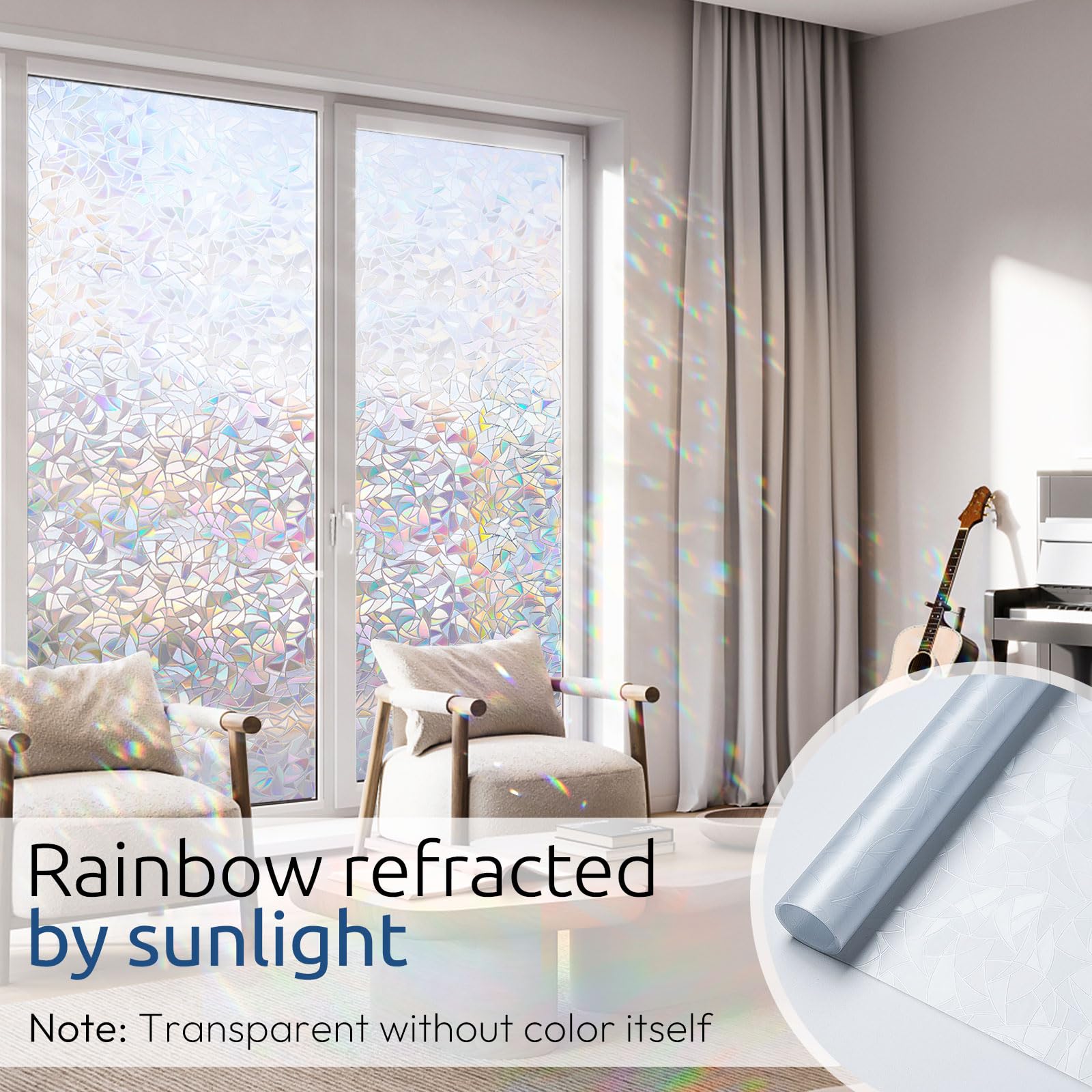 rabbitgoo Window Privacy Film - 3D Kaleidoscope Vinyl Clings, 23.6" x 157.4", Non-Adhesive Stained Glass Static Cling Decals