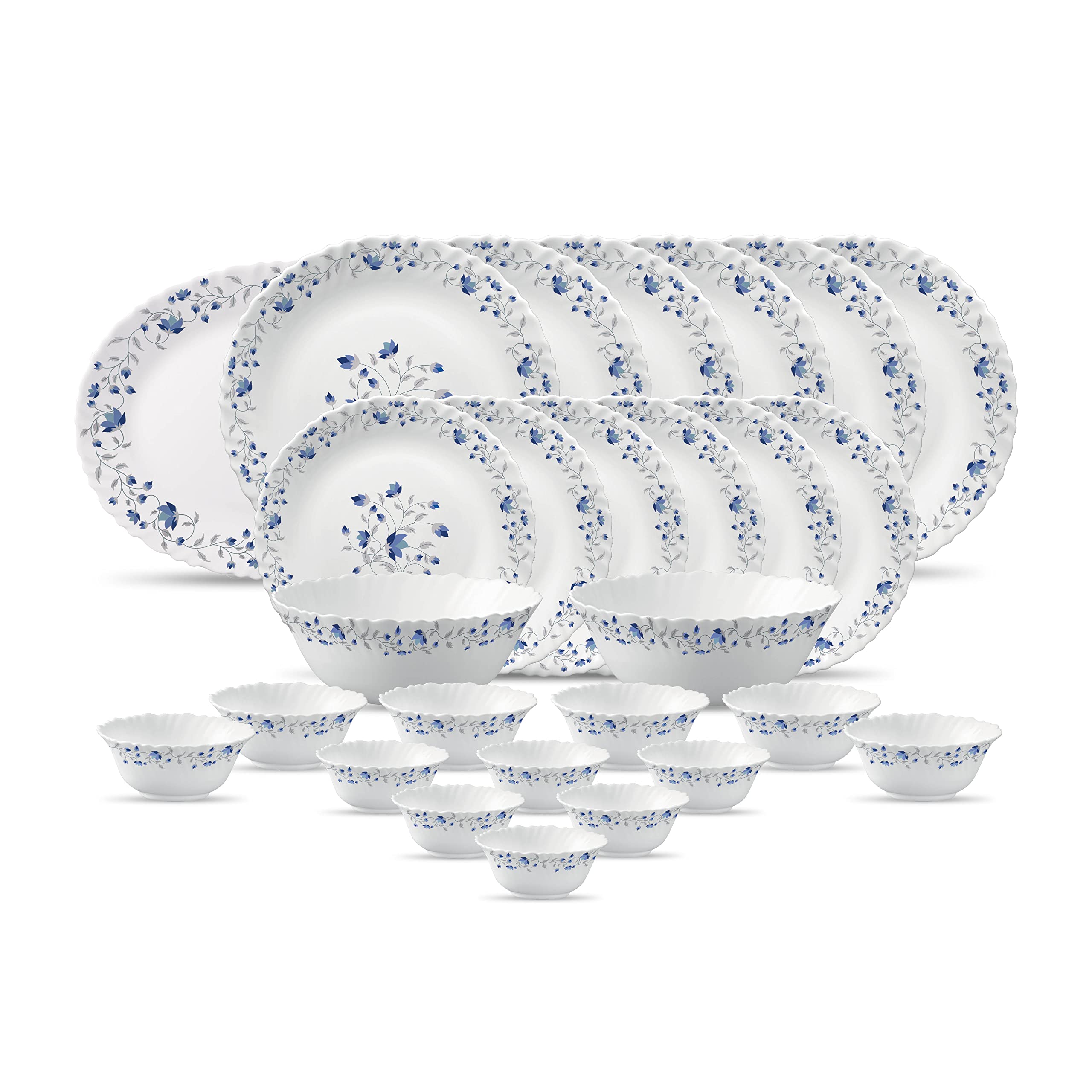 La Opala Diva Classique Collection Opal Glass Crockery | For Family Of 6 | Dinner Set 27 Pcs Blue Mystique | Plates & Bowls For 