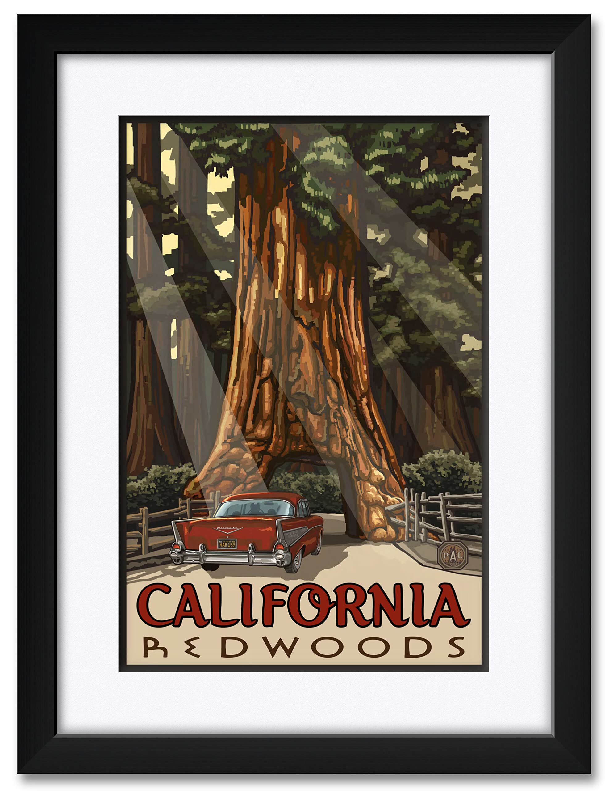 California Redwoods Car Thru Tree Professionally Framed & Matted Art Print From Travel Artwork By Artist Paul A. Lanquist Framed