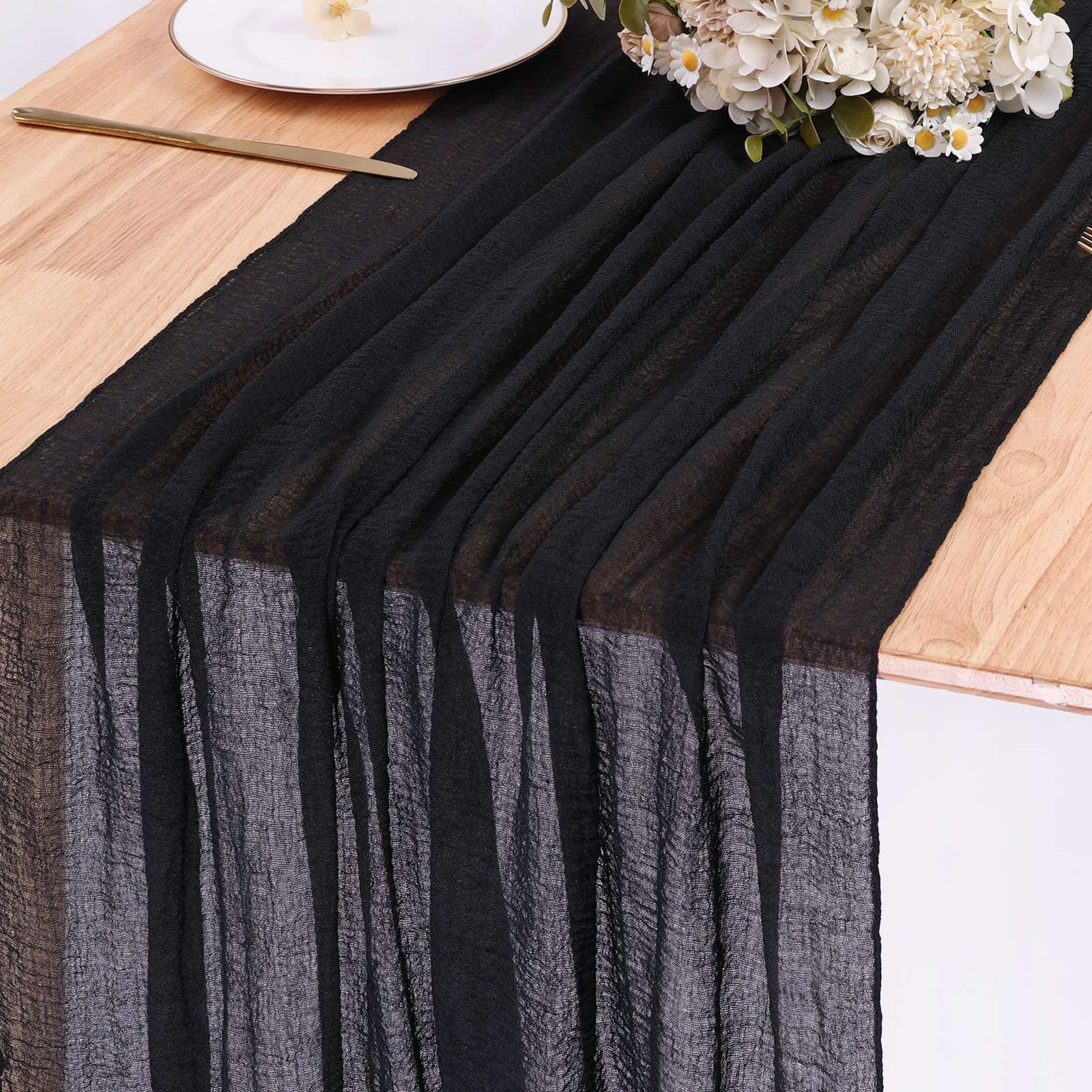 Sajoo Black Cheesecloth Table Runner 10Ft Boho Gauze Tablecloth 35X120 Inches Rustic Cheese Cloth Table Runner For Wedding Baby