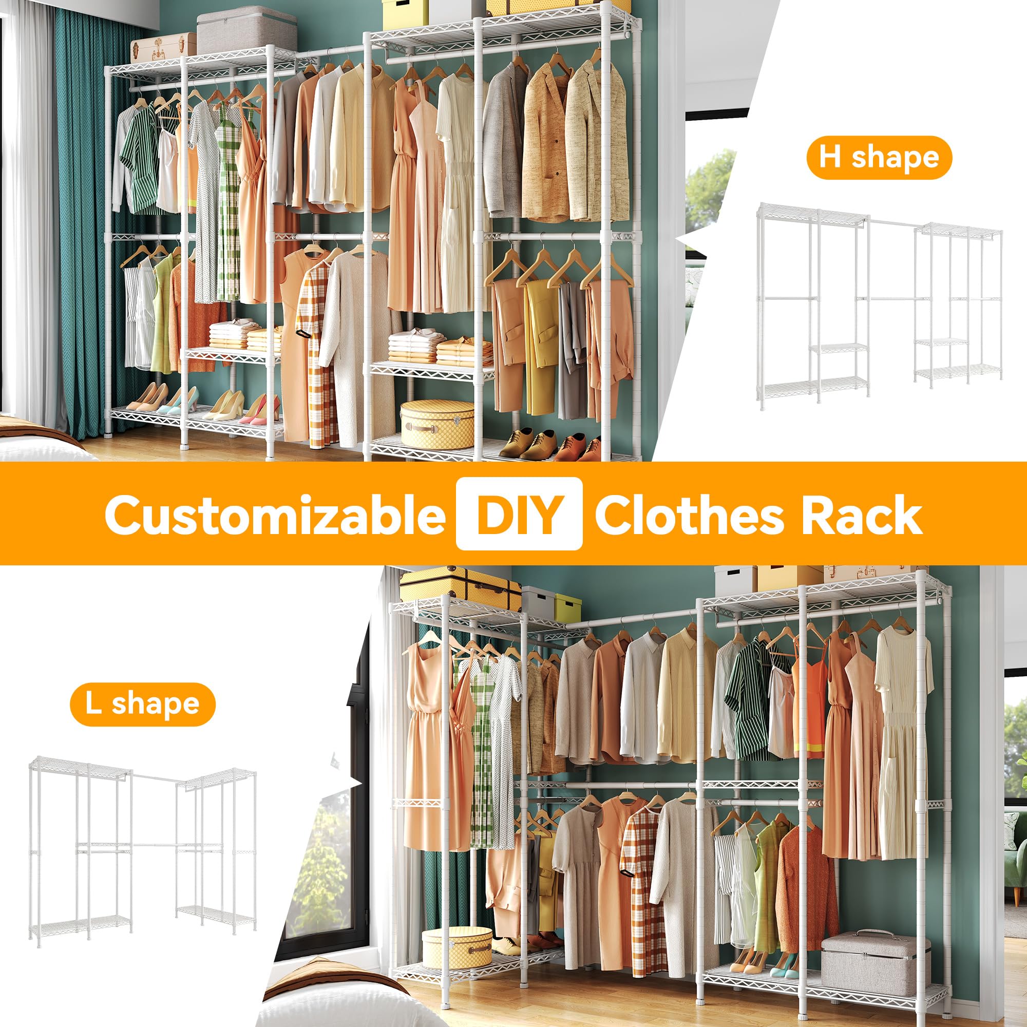 Higeego H5 Pro Heavy Duty Clothes Rack Wardrobe Closet For Hanging Clothes, Freestanding Garment Rack With Expandable Hanger Rod