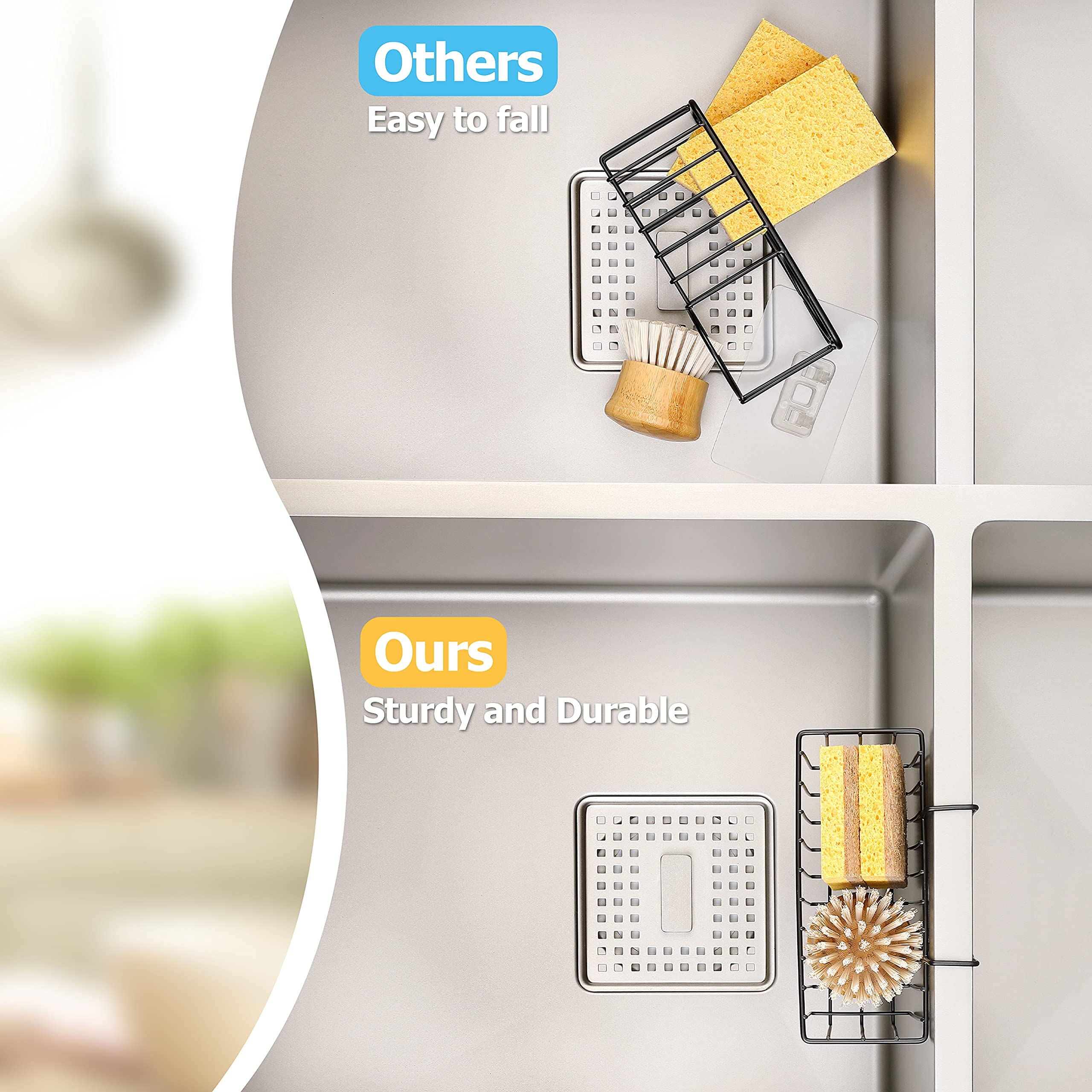 Damita Kitchen Sponge Holder Caddy, Black, Medium (6.7"x4.5"x4.5"), Brush & Dish Liquid Drainer Rack