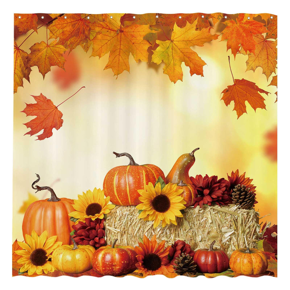 Funnytree 72''X72'' Fall Pumpkins Maple Autumn Thanksgiving Sunflowers Harvest Falling Leaves Shower Curtain For Bathroom Decor