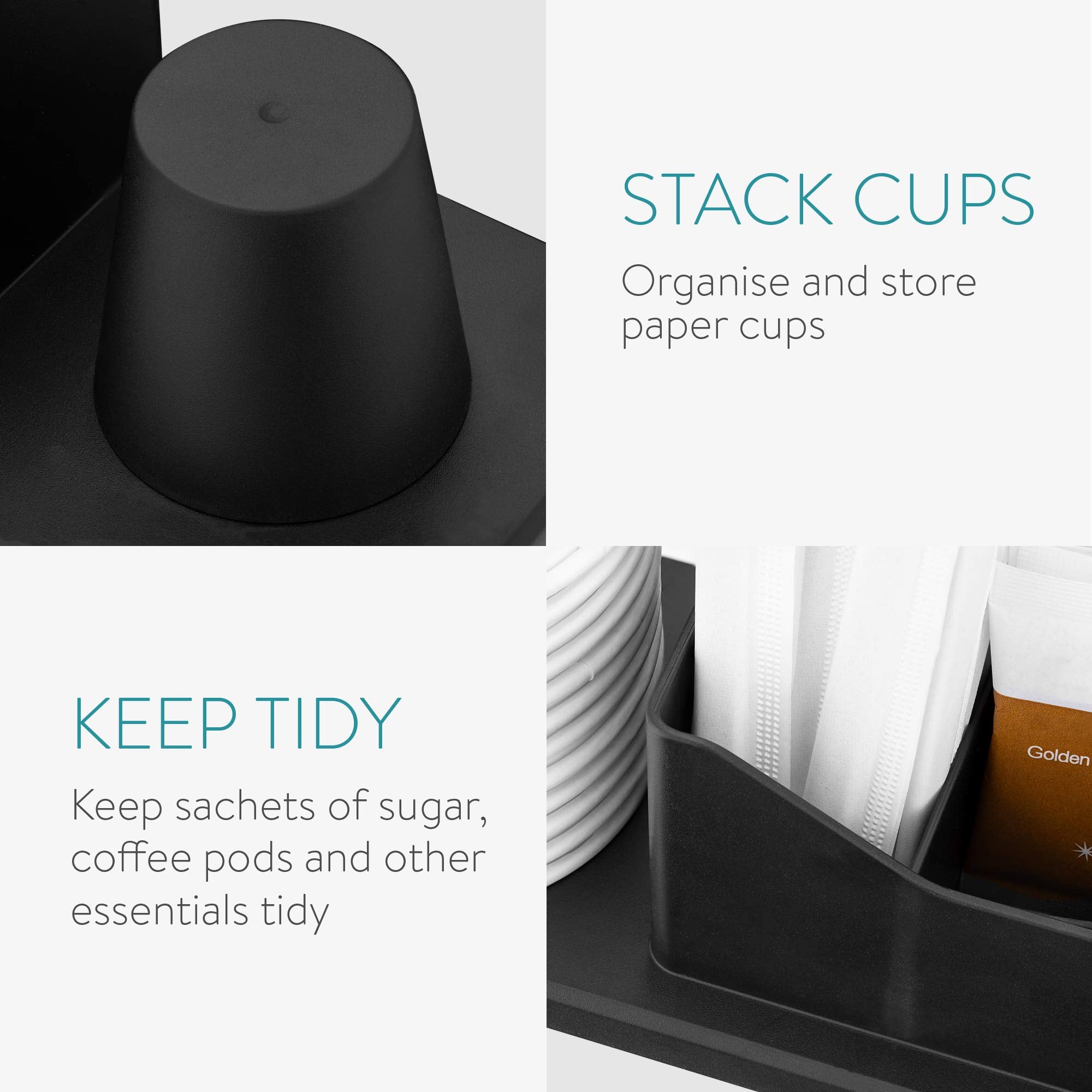Navaris Small coffee Station Organizer - Tea and coffee condiment Supplies Holder with Stacking cup Storage - For Kitchen or Office Break Room - Black