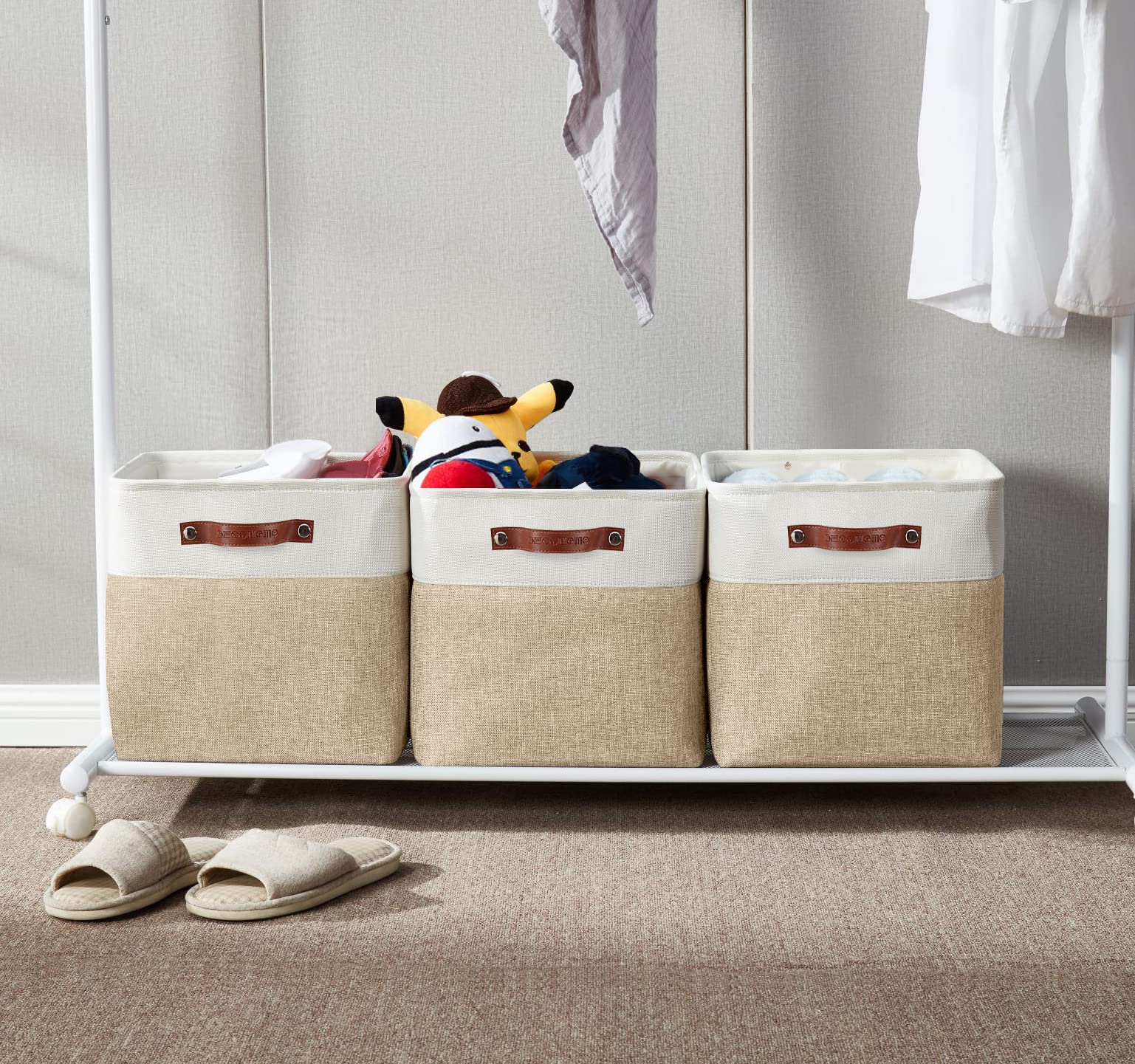 DECOMOMO Storage Cubes, 12x12 Storage Bins, Baskets for Shelves (Beige & White, Cube 12 - 4 Pack)