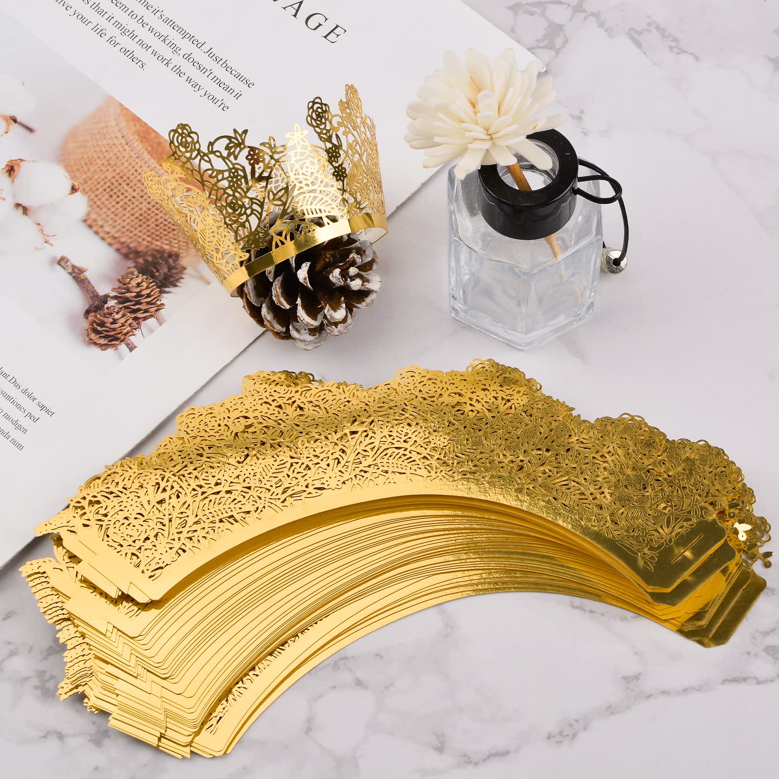Urroma Gold Rose Lace Cupcake Wrappers, Vine Lace Cupcake Liners Laser Cut Cupcake Liners For Weddings Birthdays Tea Parties
