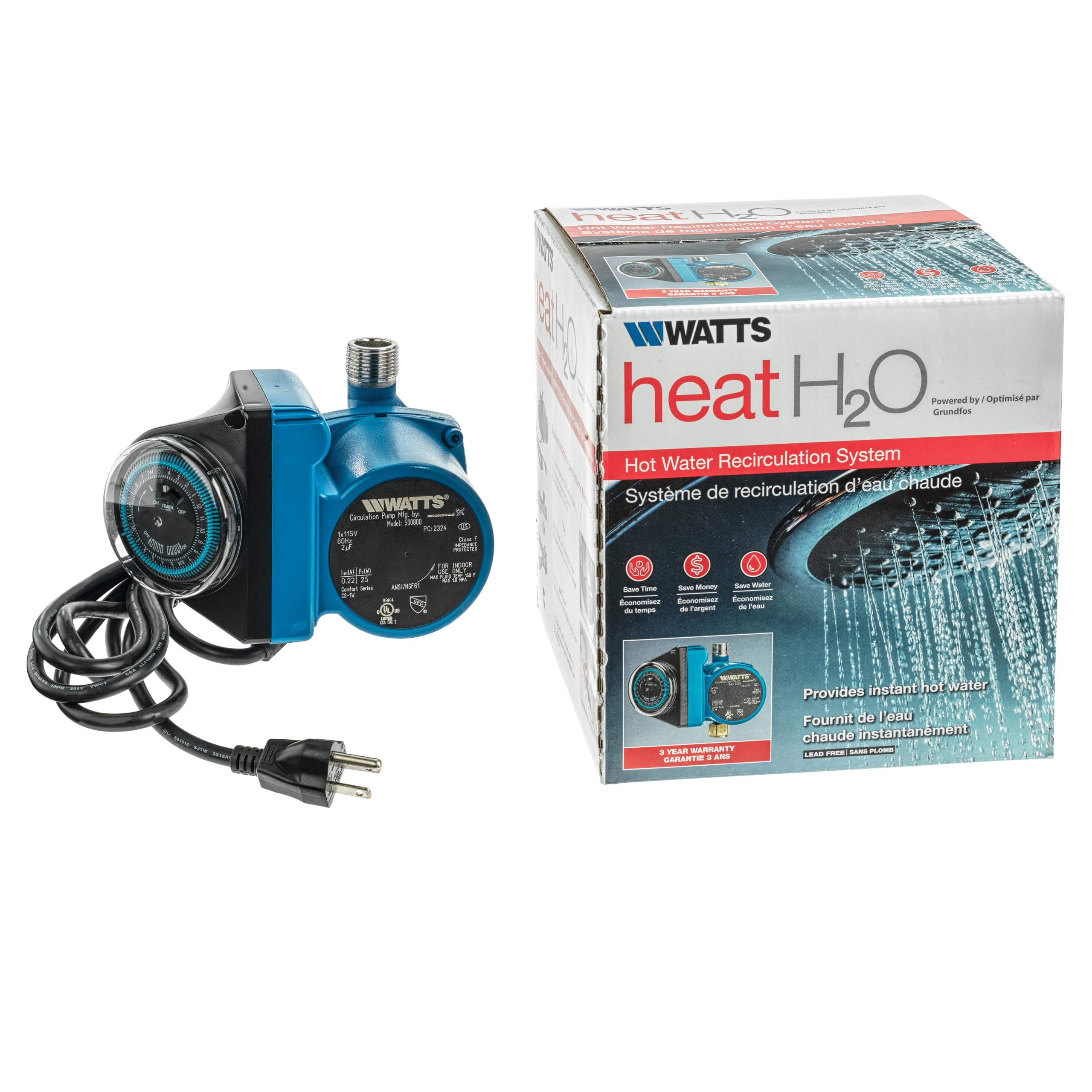 Watts Heat H2O Hot Water Recirculation System W/Programmable Timer, Instant Hot Water, 3 Year Warranty, Pump, 2 Adapters, Sensor