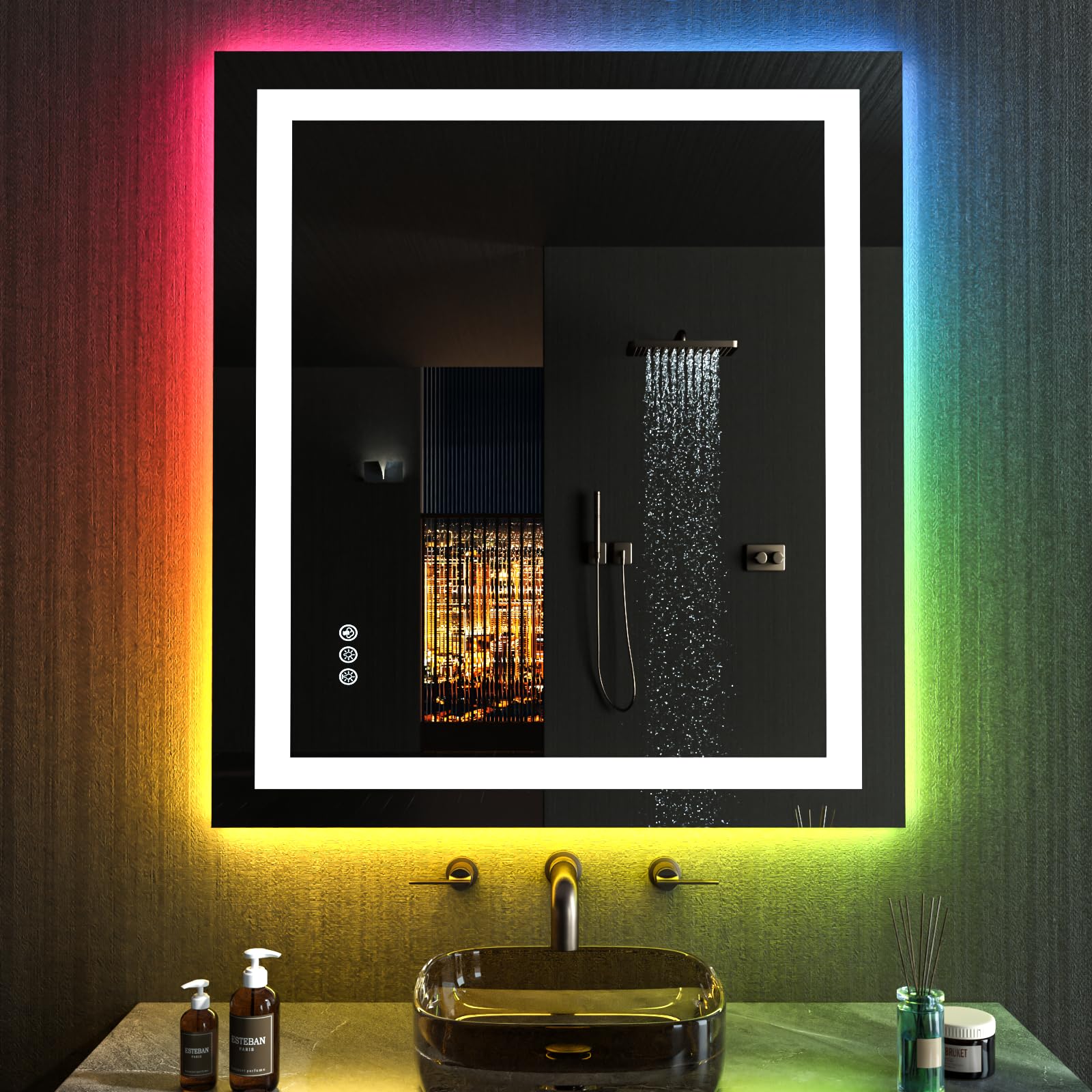 LOAAO 36''X24'' LED Bathroom Mirror with Lights  Anti-Fog  Dimmable  RGB Backlit + Front Lighted  Bathroom Vanity Mirror for Wall  Memory Function
