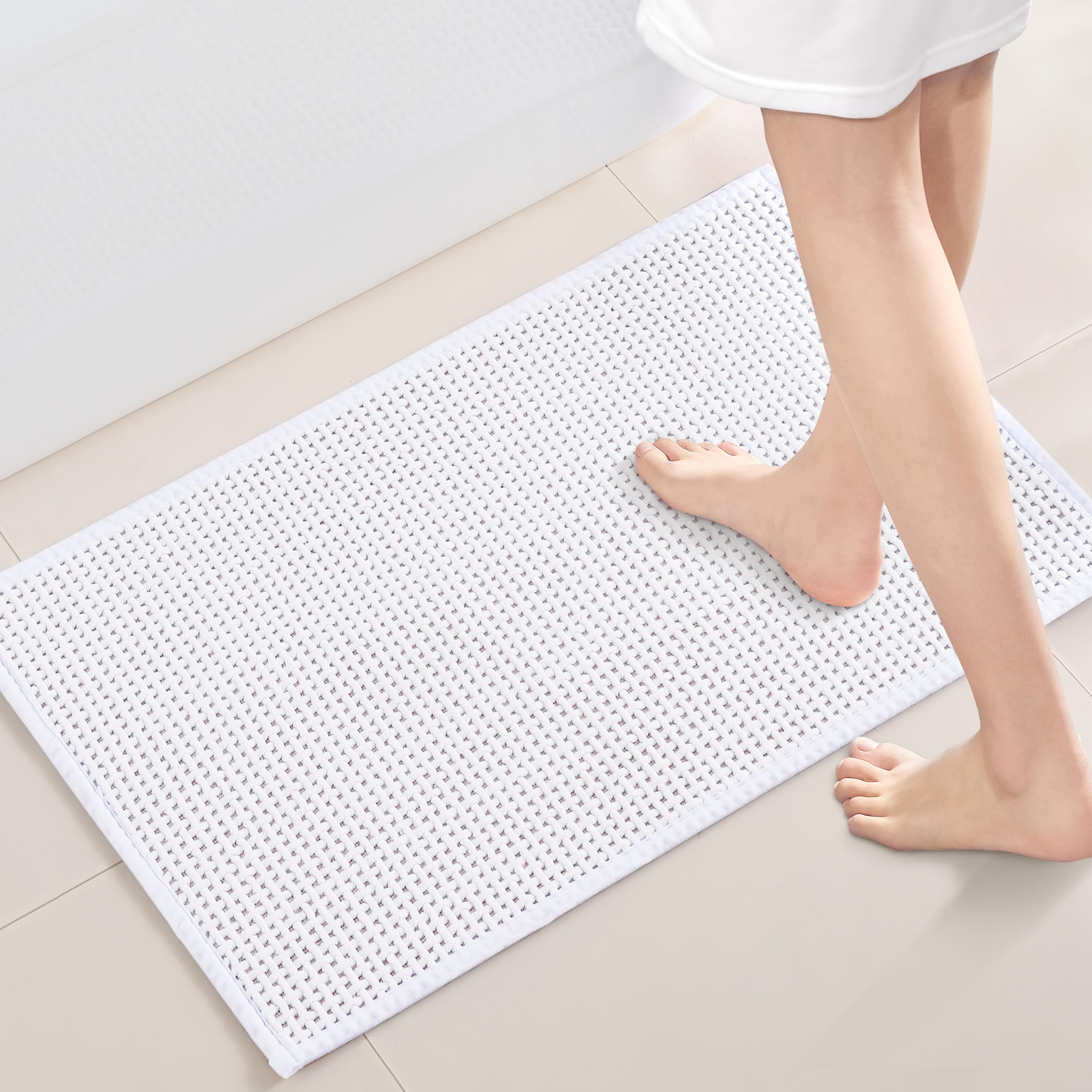 White Bath Mat Thin, Bath Mat White 16X24 Thin Bathroom Rugs Fit Under Door Washable Bath Mat For Bathroom Low Profile Bathroom