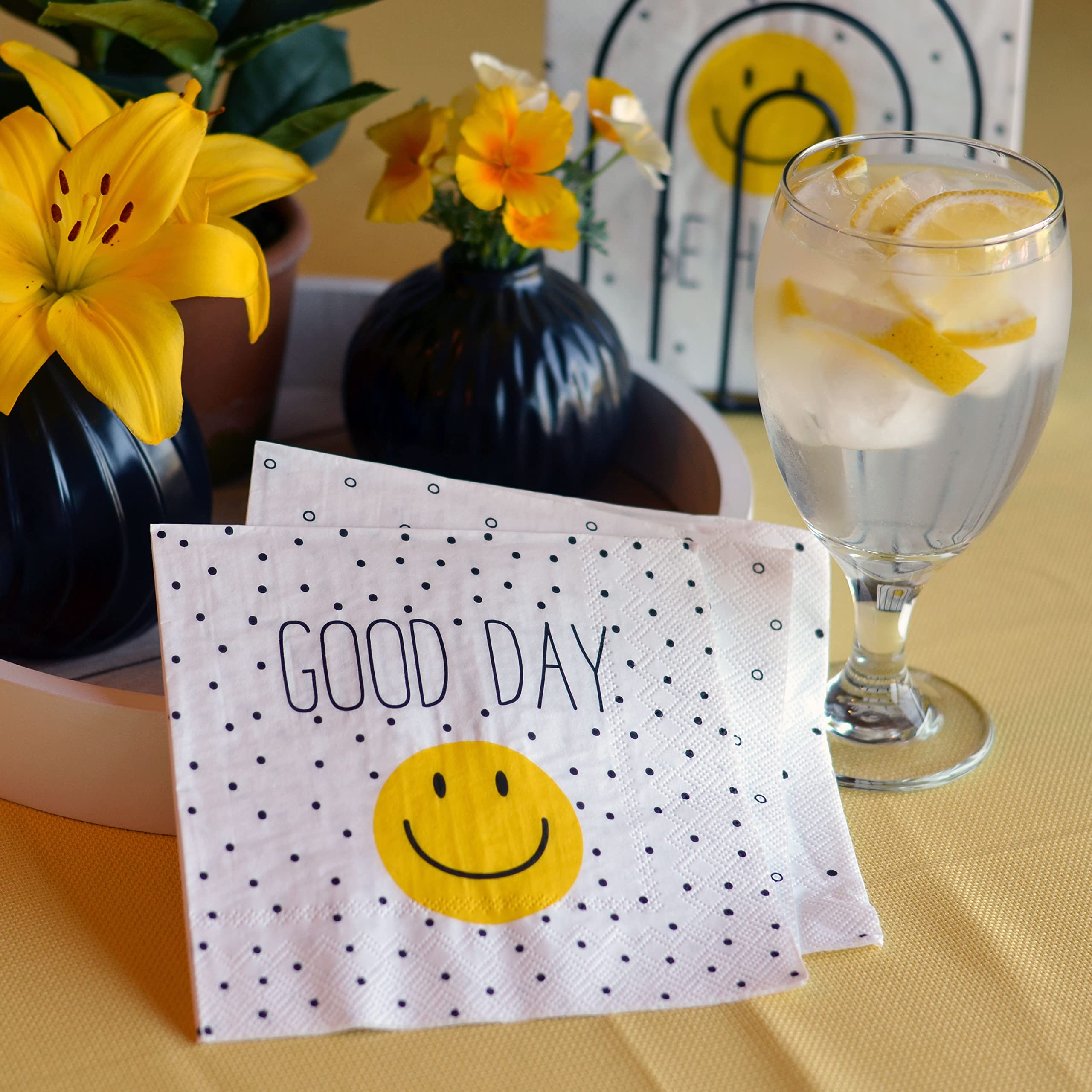 60 Count Smiley Face Party Napkins, 3 Packs Of 20, 3 Ply Paper, Luncheon Size 6.75 X 6.75 Inches, Yellow And Black On White