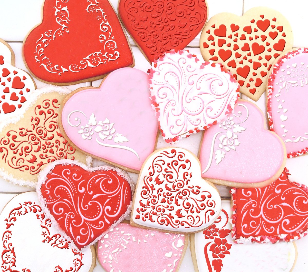 Designer Stencils Contemporary Hearts Cookie Stencils, Beige/Semi-Transparent, Fits 4'' Heart Cutter