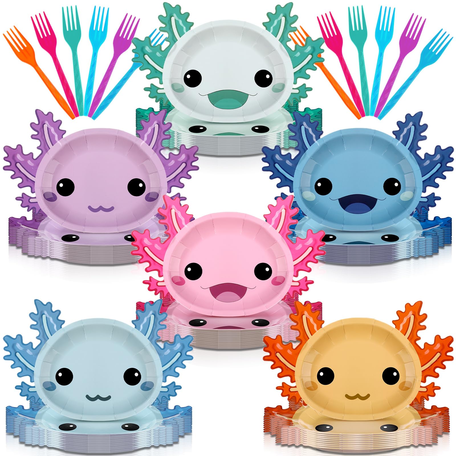 Zhehao 60 Sets Axolotl Shaped Party Supplies Colorful Axolotl Tableware Dinnerware 10 Inch Disposable Paper Plates Forks Cartoon