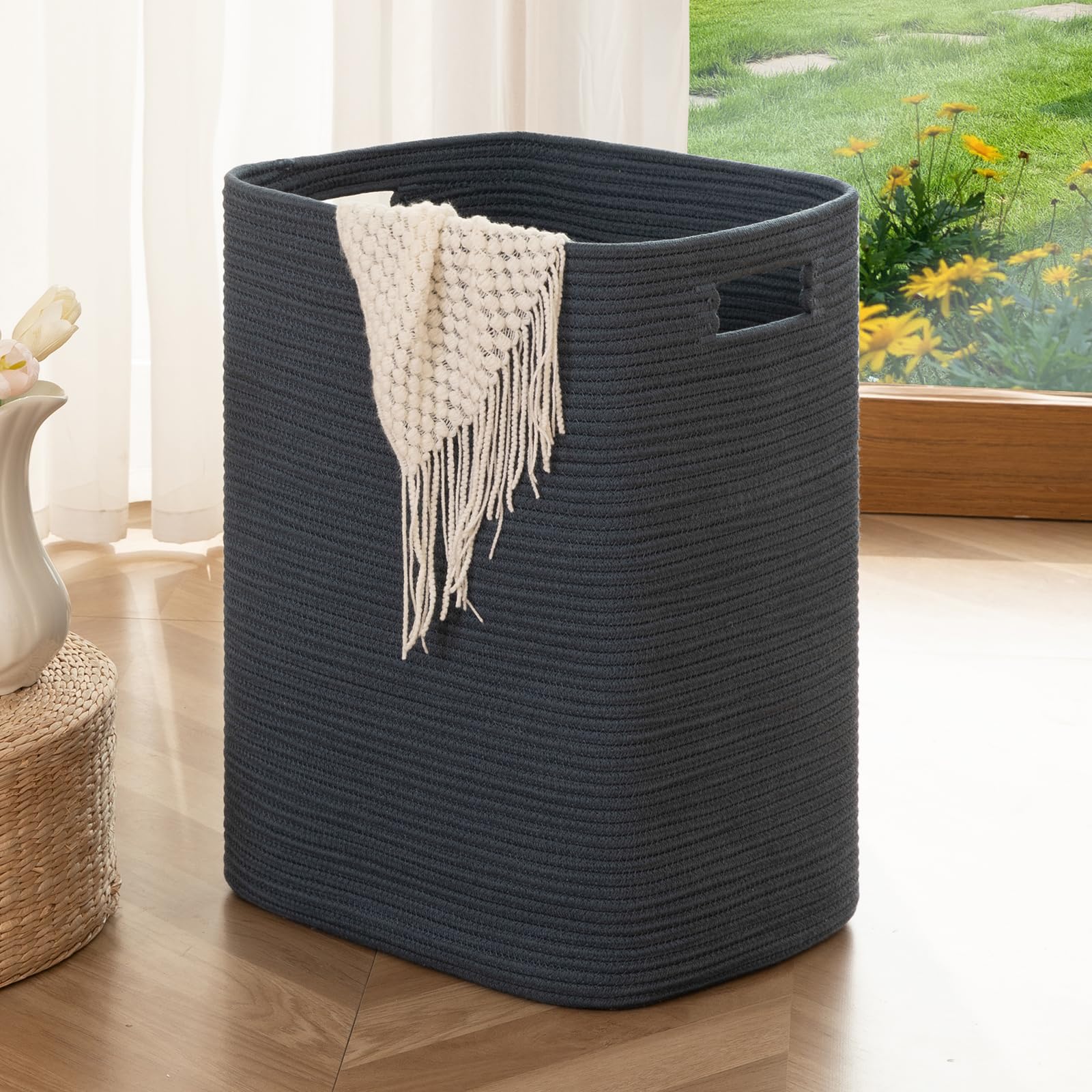 Oiahomy Laundry Hamper, Rectangle Cotton Laundry Basket With Handles, Large Blanket Basket For Living Room, Woven Decorative Sto