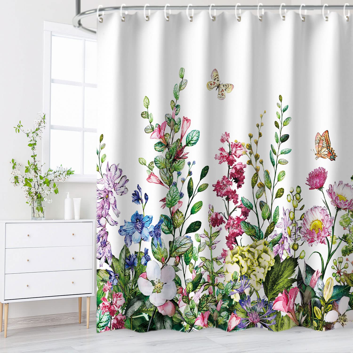 LIVILAN Floral Shower Curtain Flower Shower Curtain for Bathroom Colorful Plant Botanical Wildflower Flowered Shower Curtains with 12 Hooks Decorative Fabric Leaf Greenery  72'' W x 72'' H