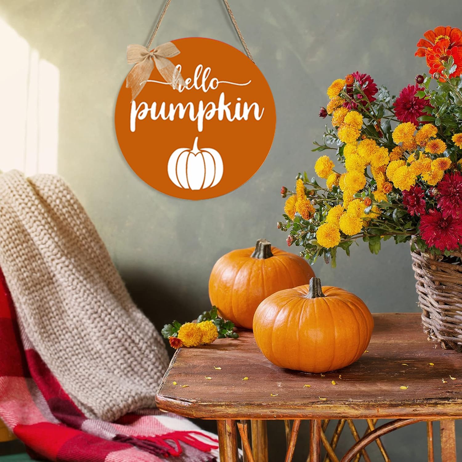 Thanksgiving Door Decorations Fall Decor - Hello Pumpkin Wall Sign Decorations - Wooden Door Hangers Wreath with Bow for The Hom