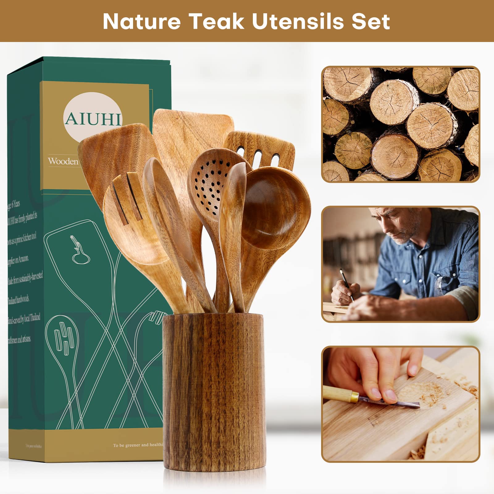 Wood Spoons For Cooking,Nonstick Kitchen Utensil Set,Wooden Spoons Cooking Utensil Set Non Scratch Natural Teak Wooden Utensils