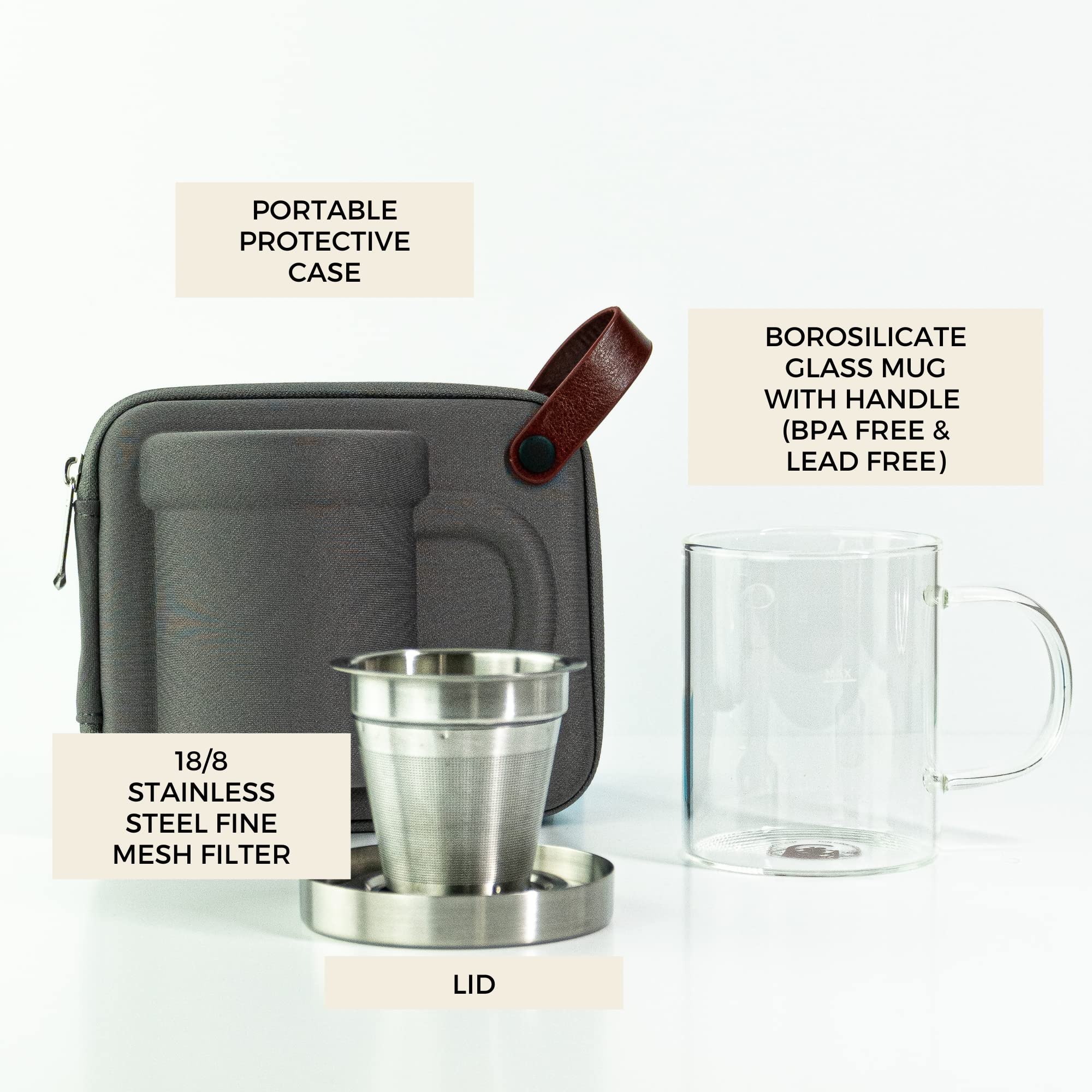 Travel Glass Pour Over Coffee Maker Set 4Pcs (Gray) | 18/2 Stainless Steel Filter Dripper And Lid | Bpa Free Borosilicate Glass