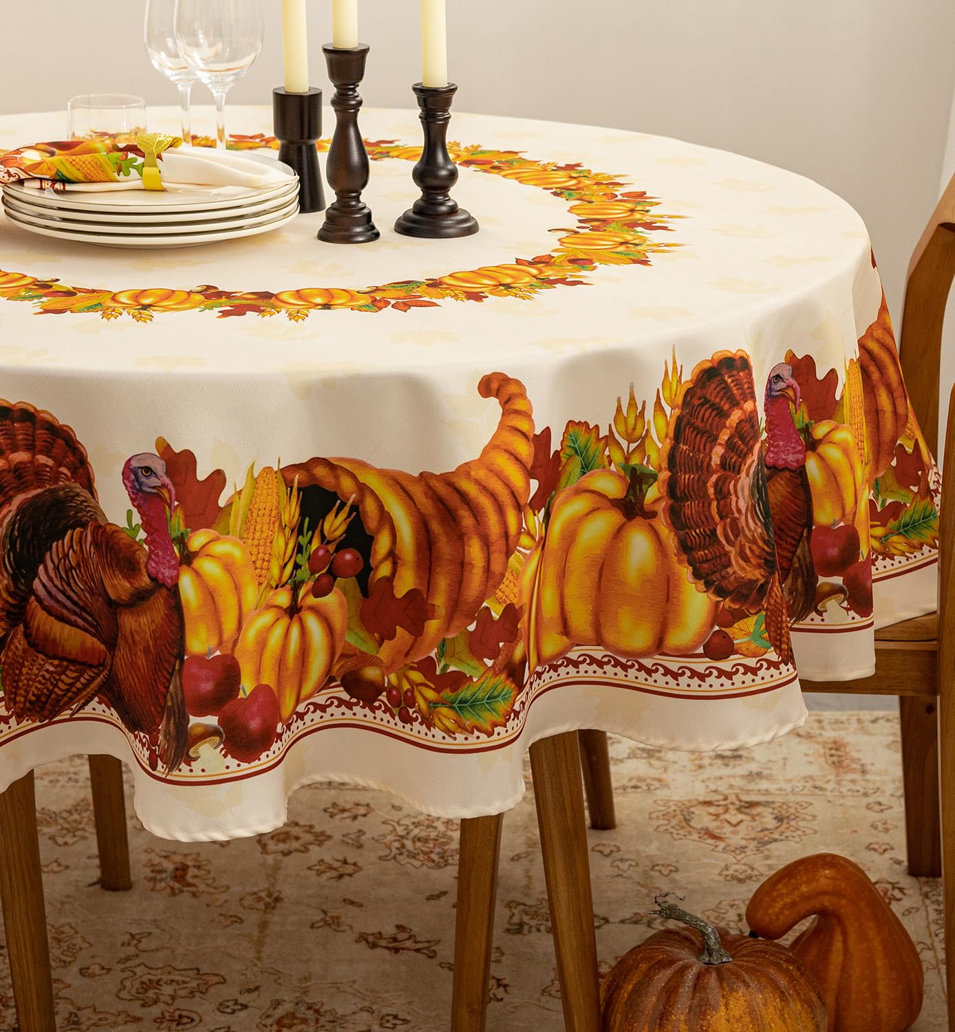YiHomer Fall Thanksgiving Tabletop Collection for Kitchen Dining Decoration Parties Harvest, Harvest Party, Tablecloth, 70 Round
