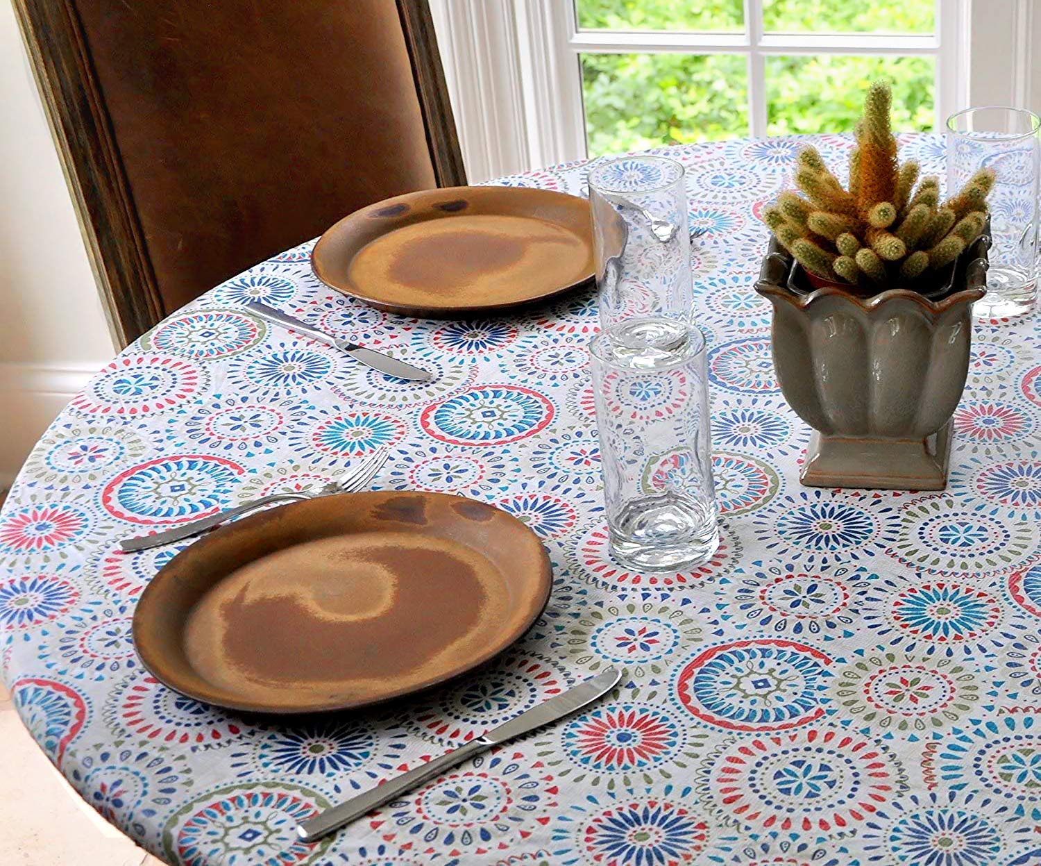 Covers For The Home Deluxe Elastic Edged Flannel Backed Vinyl Fitted Table Cover - Medallion Pattern - Small Round - Fits Tables