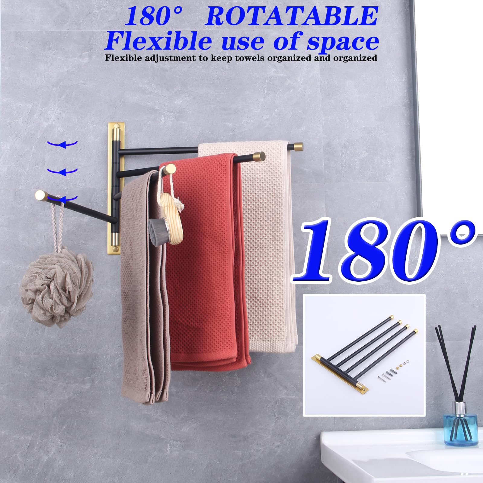 Gerzwy Wall Mount Bath Towel Rack With 4 Arms Hanger Towel Holder Bathroom Swing Arm Towel Bars Organizer Stainless Steel (Black