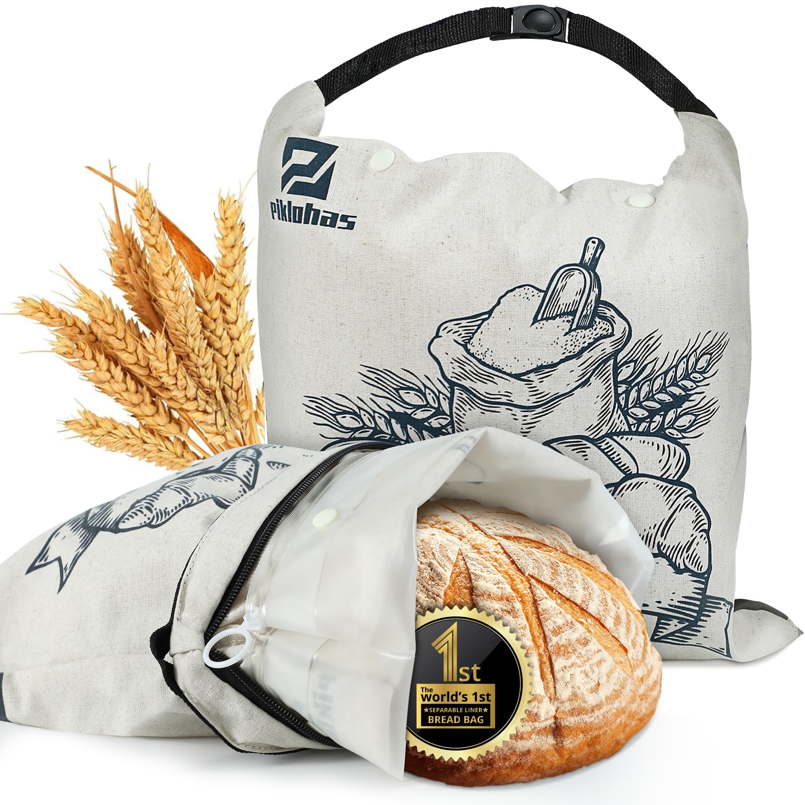 Piklohas Detachable Sourdough Bread Bags, 2 Sets Bread Storage for Homemade Sourdough, Reusable Linen Food Storage with Lining &