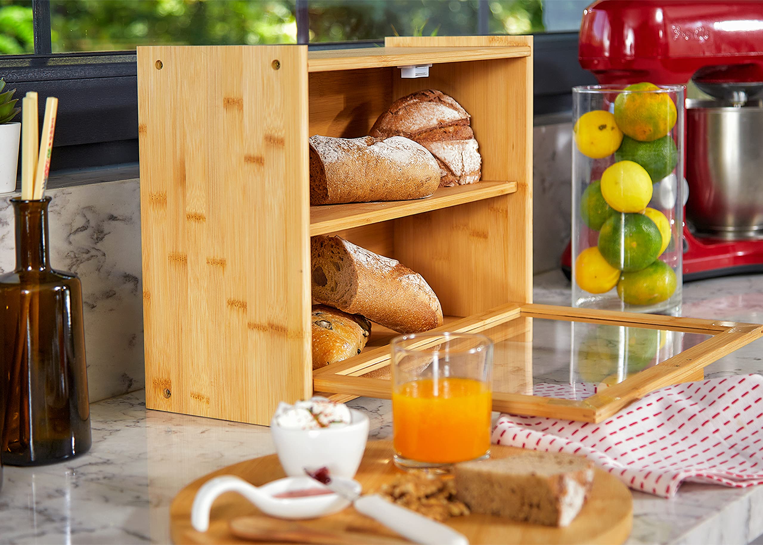 Royalhouse Premium Bamboo Double Layer Bread Box With Clear Window, Bread Storage And Organizer For Kitchen Countertop, Bread Co