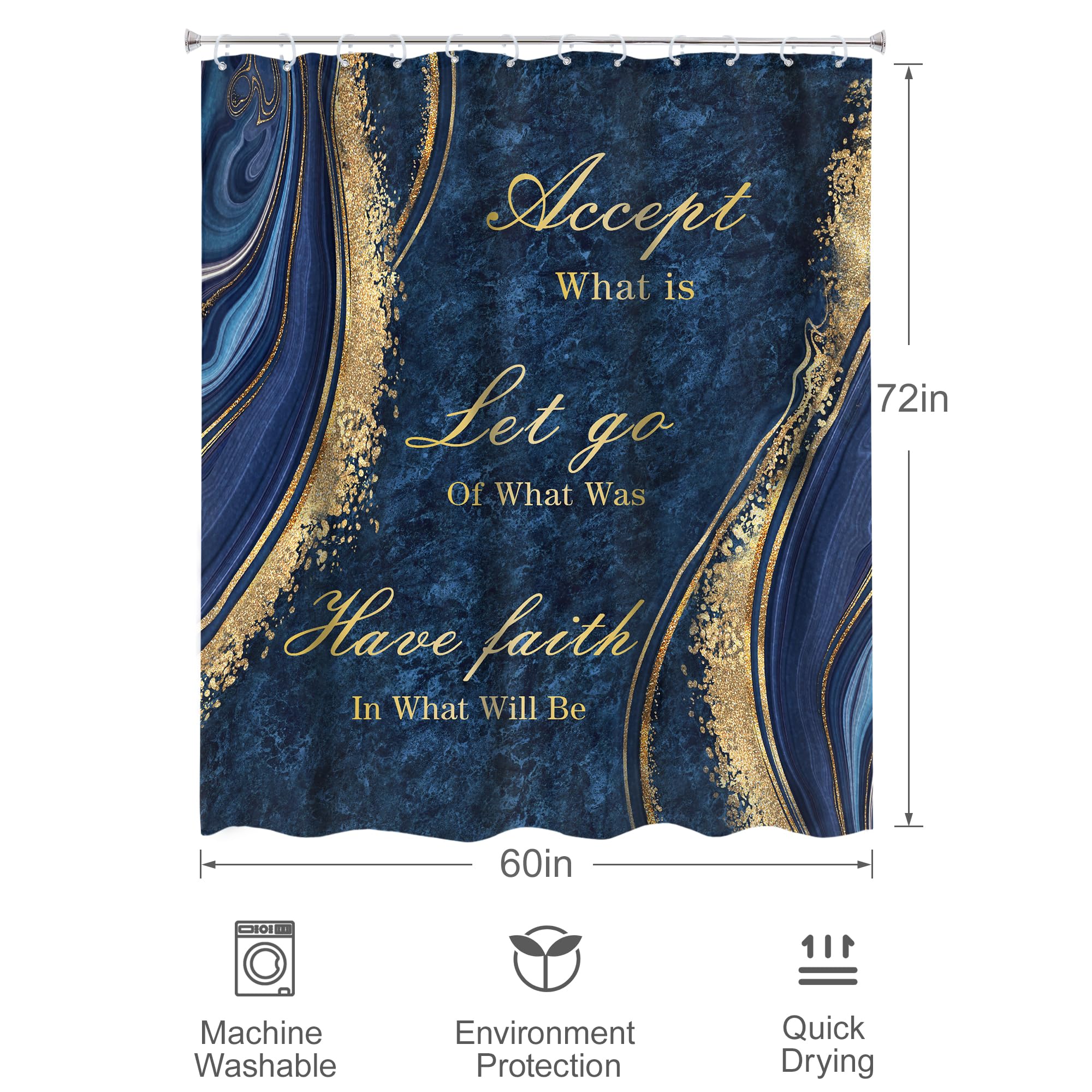 Omifly Navy Blue Marble Shower Curtain 60Wx72H Inch Inspirational Quotes Abstract Gold Veins Modern Luxury Aesthetic Fluid Ink T