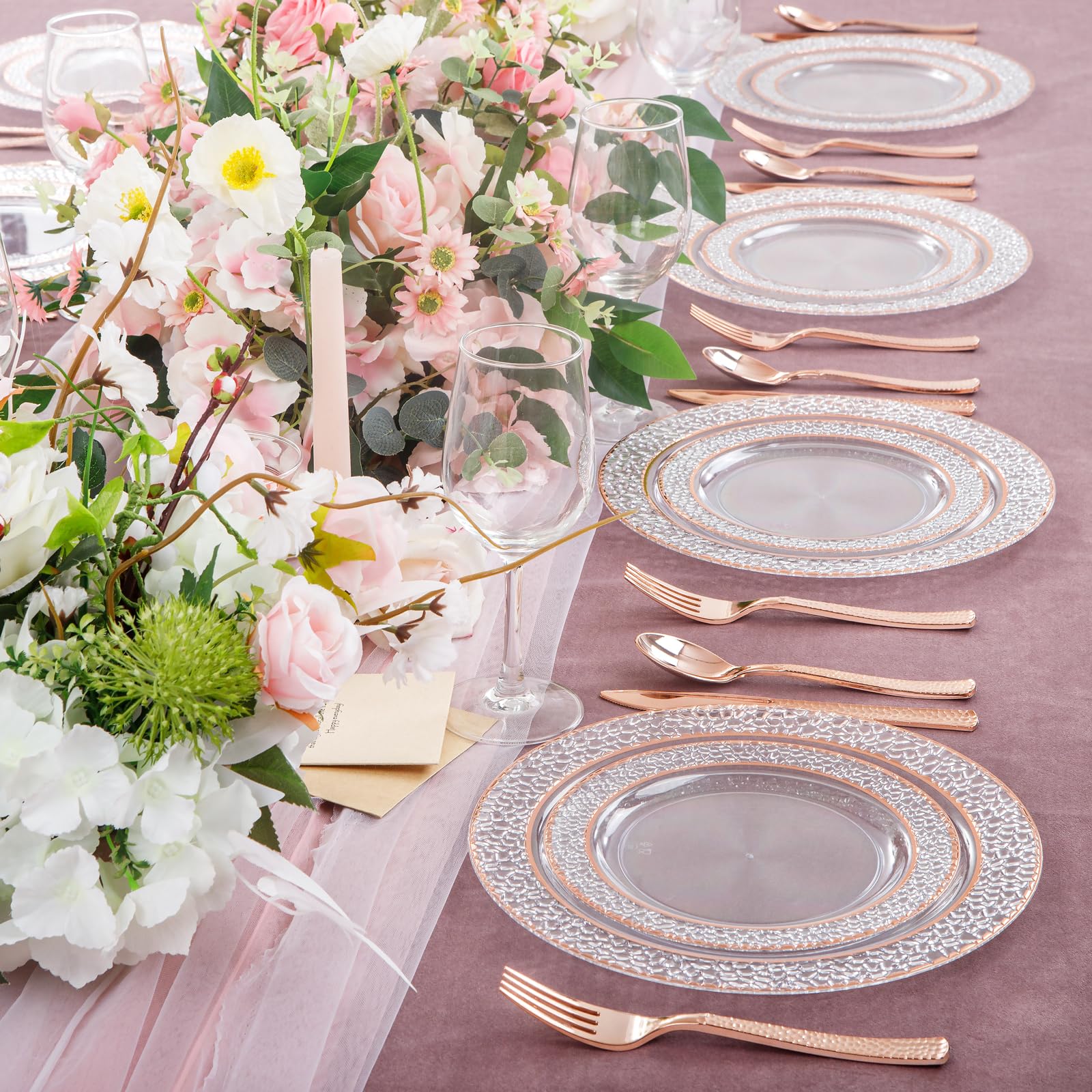 Joyido 102Pcs Rose Gold Plastic Plates - Clear Rose Gold Disposable Plates Include 51Pcs 7.5Inch Dessert Plates 51Pcs 10.25Inch