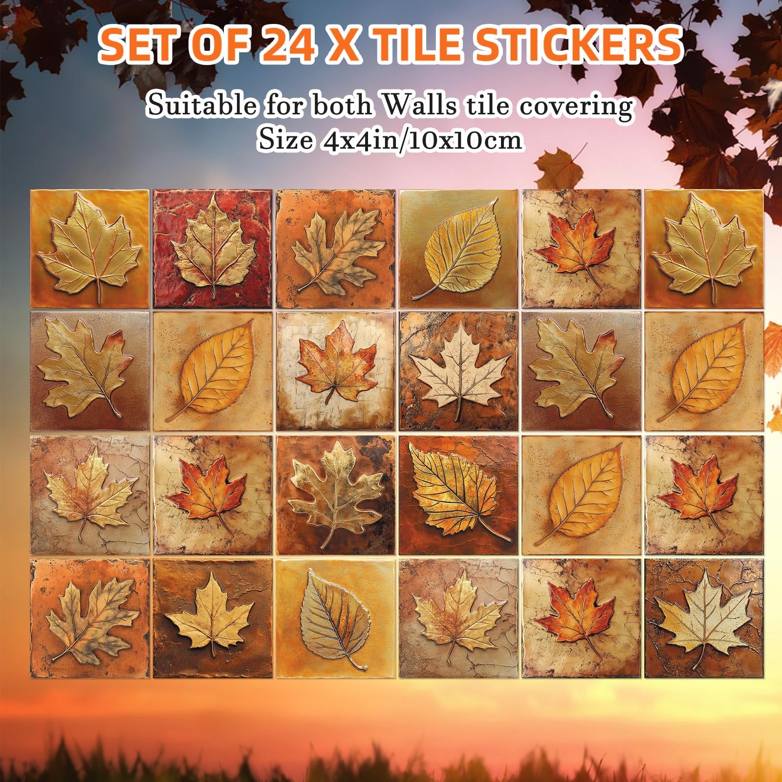 Faccito 24 Pcs Fall Tile Stickers 4X4 Inch Watercolor Thanksgiving Maple Leaves Peel And Stick Removable Self Adhesive Pvc Water