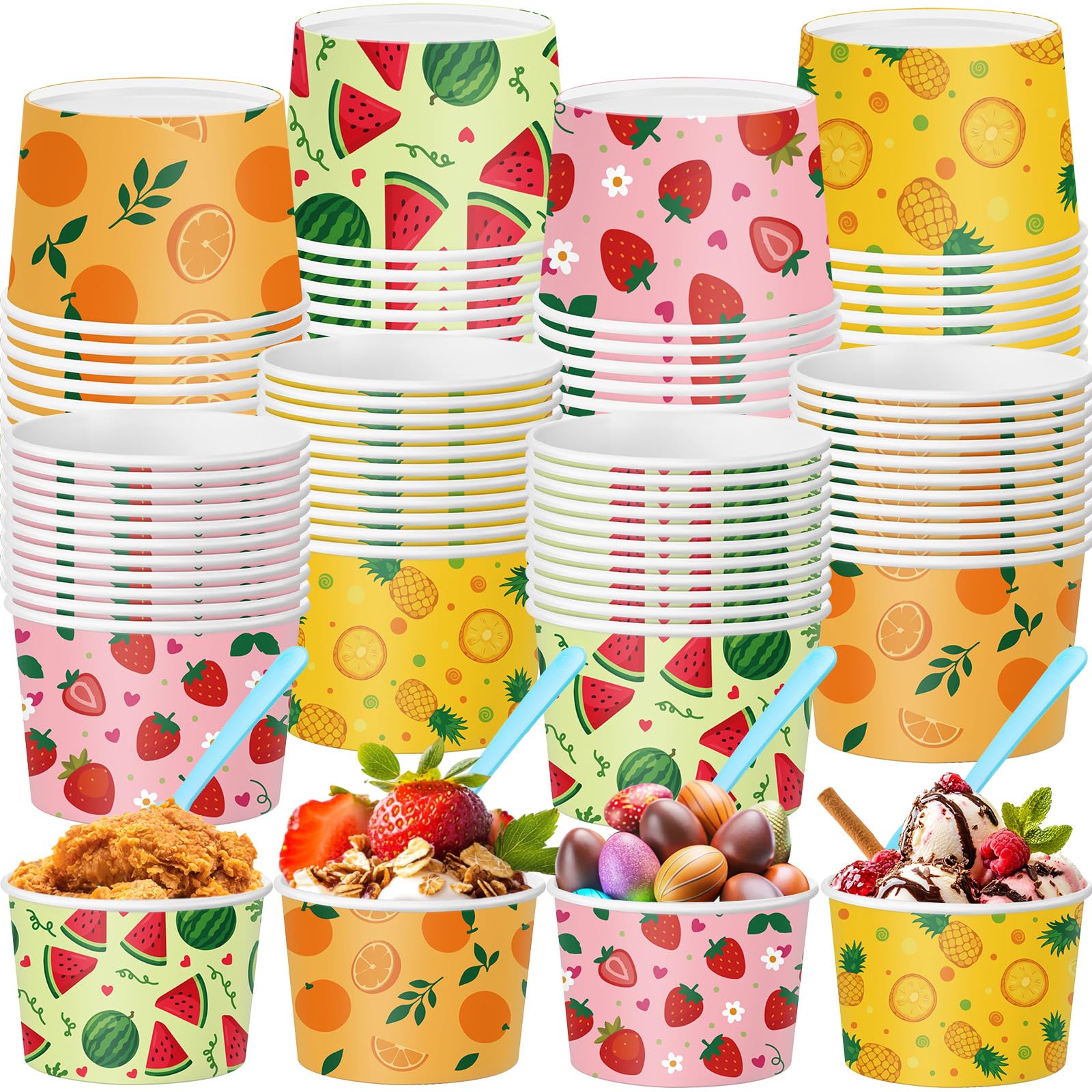 100 Pcs 9 oz Fruit Ice Cream Cups with Spoons Summer Treat Snack Bowls Hawaii Dessert Cups Strawberries Watermelon Pineapple Pap