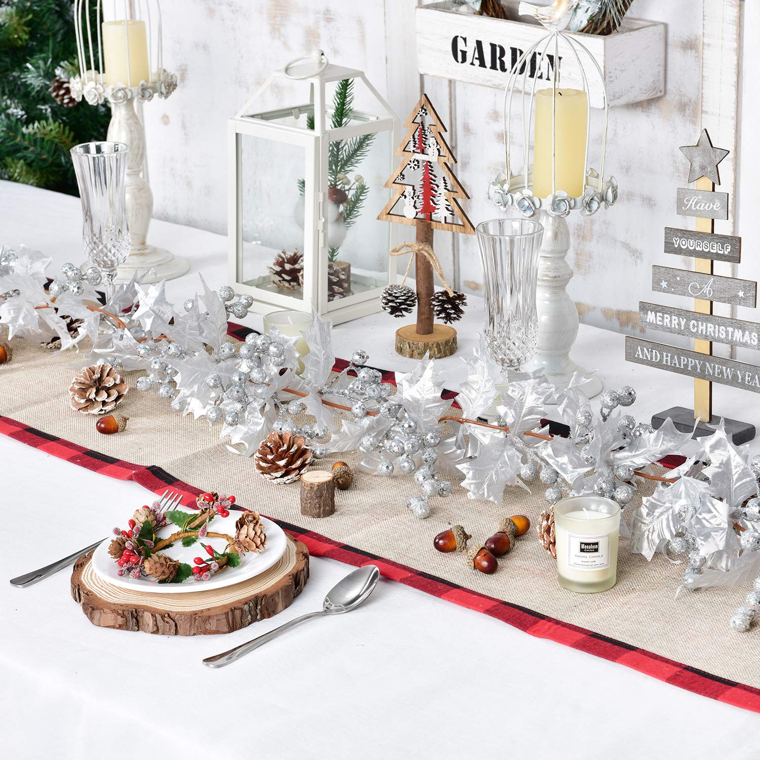 Lvydec Artificial Berry Garland Christmas Decoration - 6ft Silver Garland with Glitter Berries and Holly Leaves for Holiday Fire