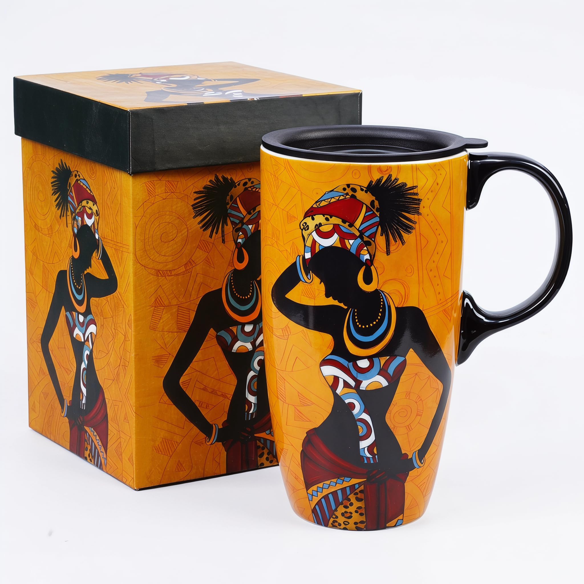 Topadorn 17oz Ceramic Travel Mug with Lid, Artistic Coffee Mug Handle