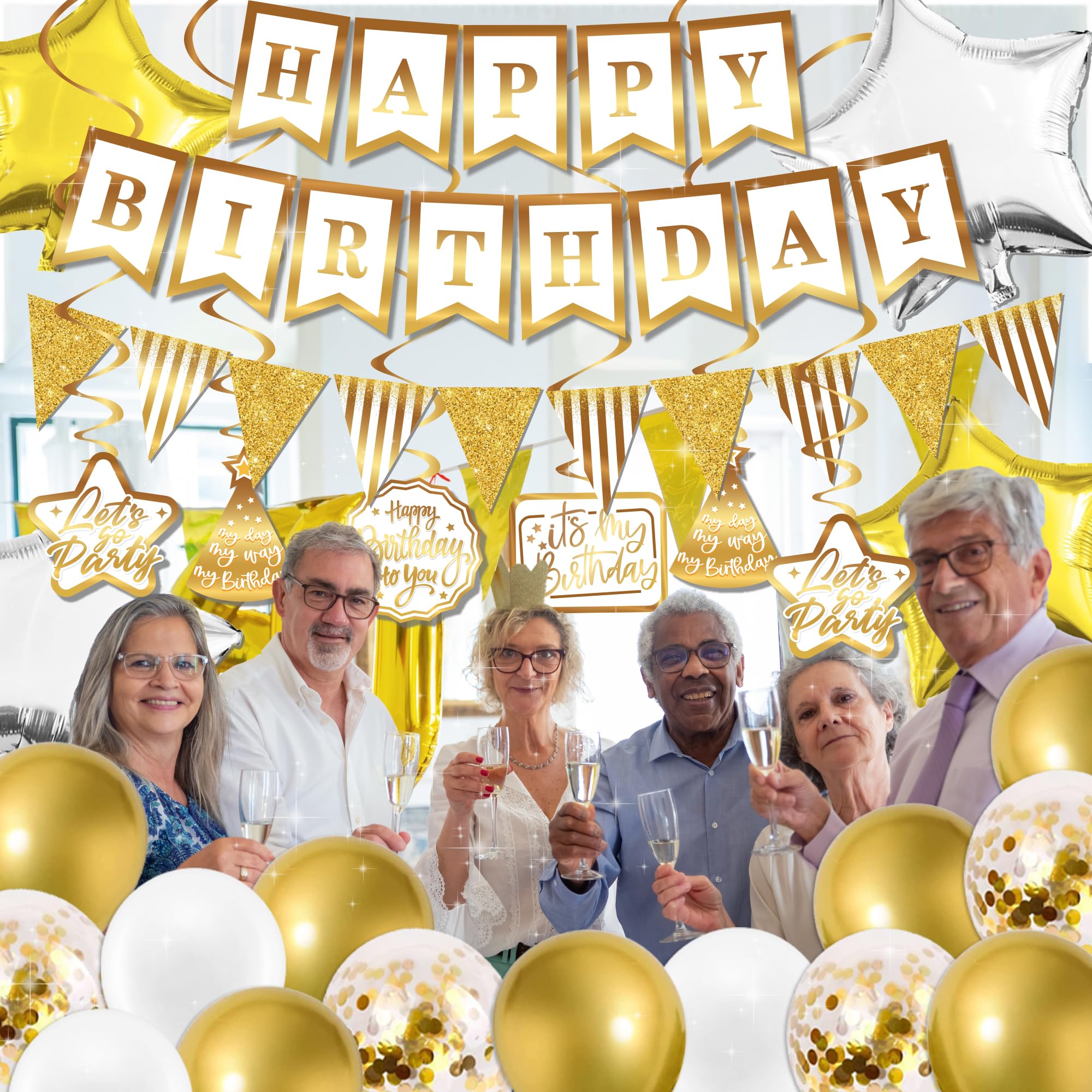 Gold Birthday Decorations For Women Men - (Total 89Pcs) Gold Party Banner, Pennant, Hanging Swirl, Foil Backdrops, Balloons, Gol