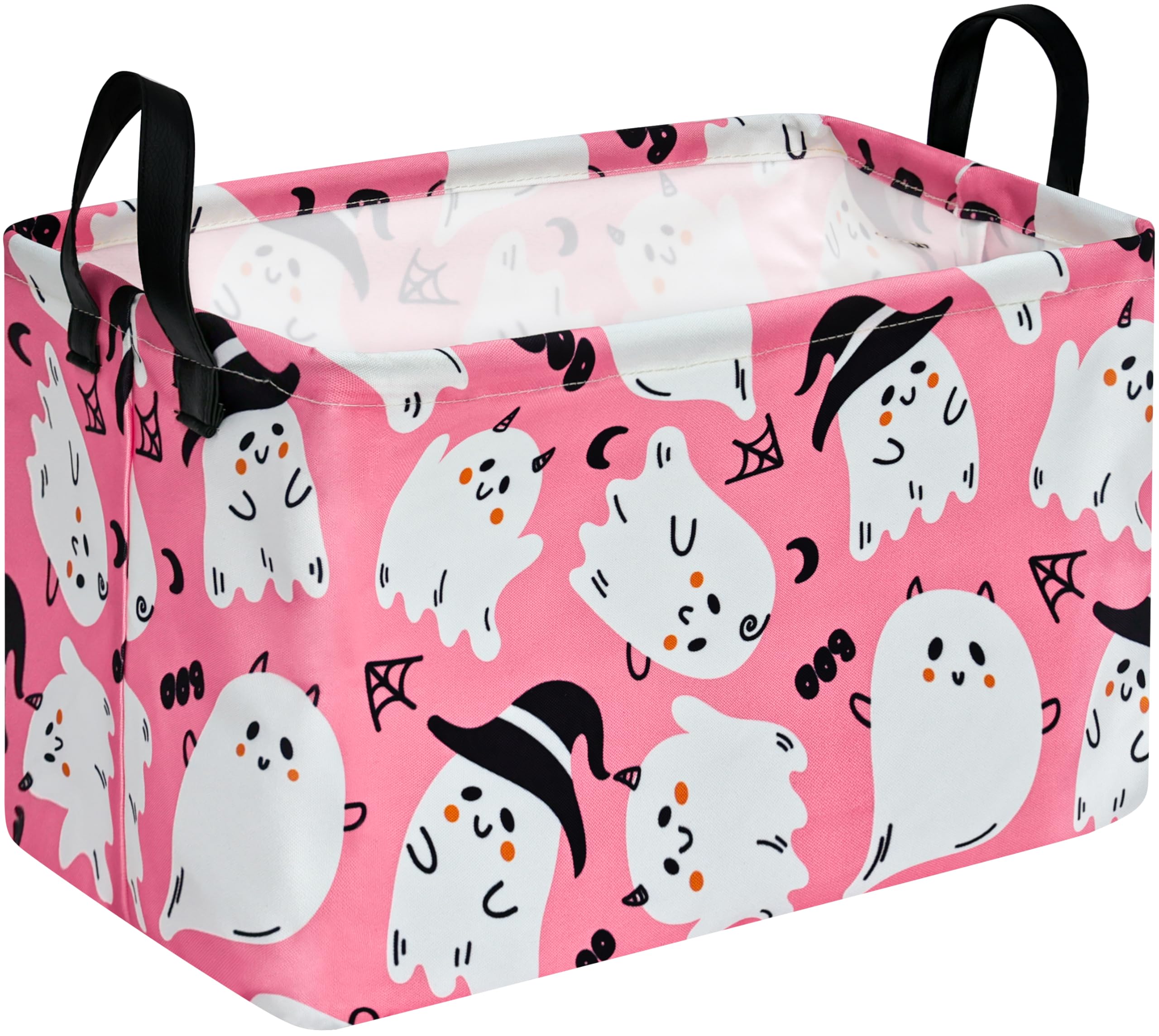 KUNRO Pink Ghost Pattern Halloween Storage Gift Basket Canvas Storage Bins with Handles Rectangle Storage Cubes Organizer for Be